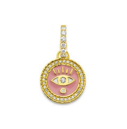 Pink Enamel Evil Eye Coin Pendant with diamonds