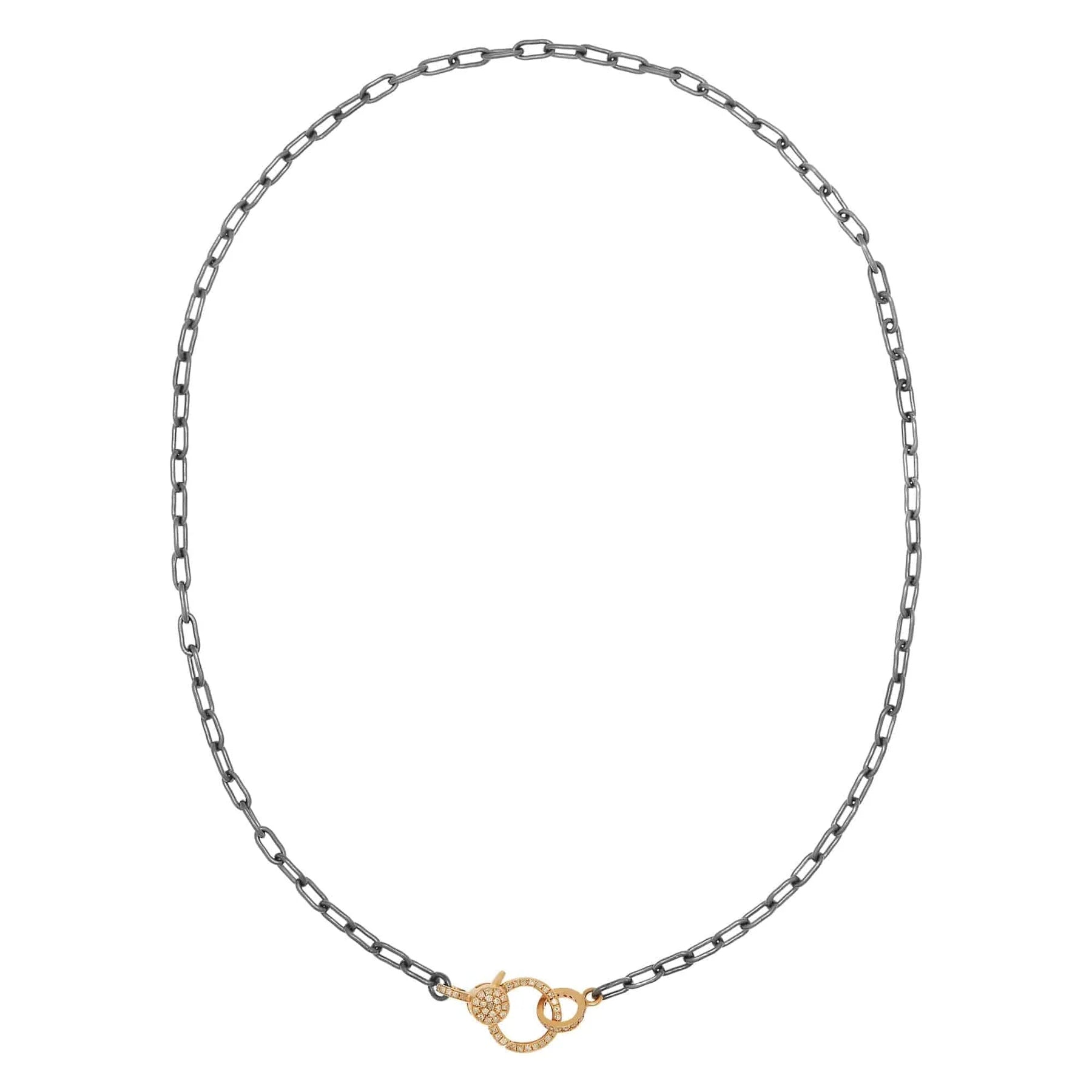Oxidized Silver Chain with Small Pavé Diamond Lock in Yellow Gold