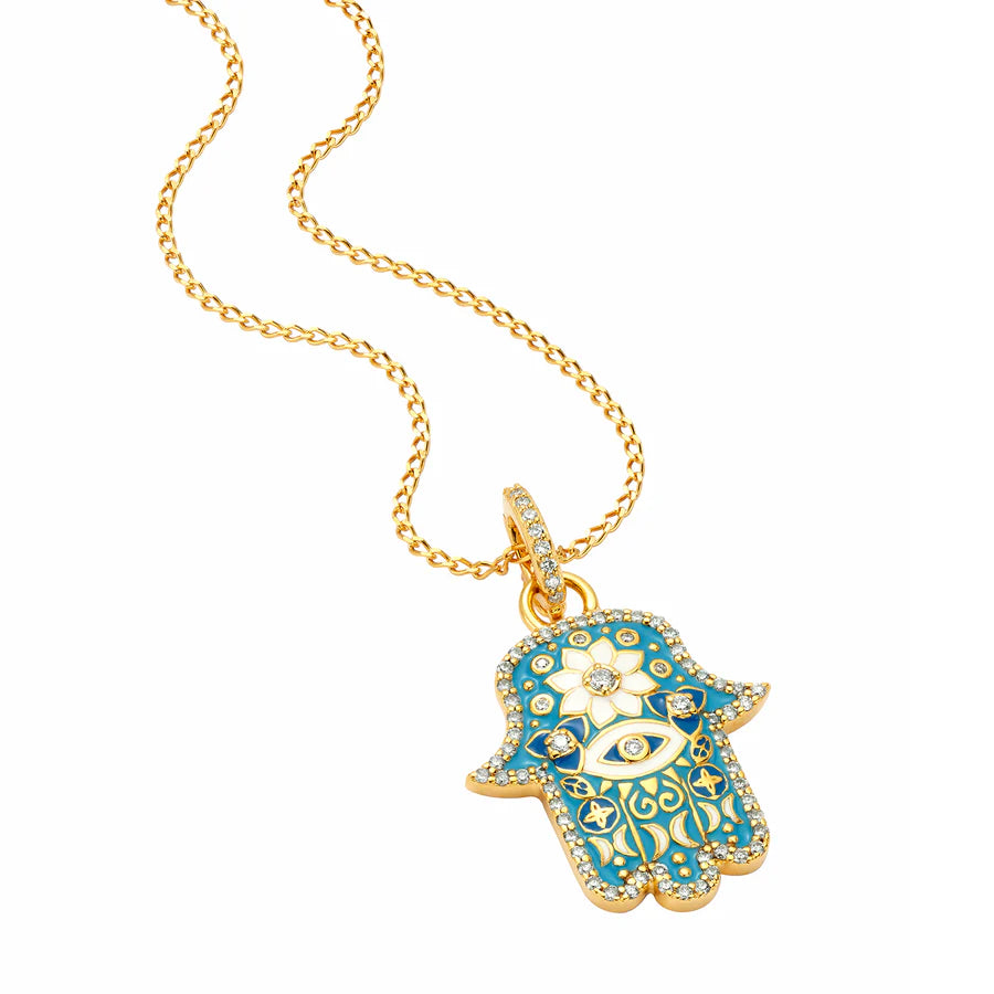 Sky Blue Enamel and White Diamond Hamsa Pendant