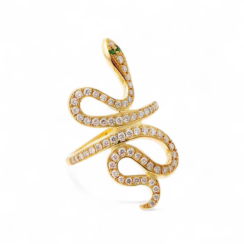 White Diamond Slither Snake Ring in Yellow Gold