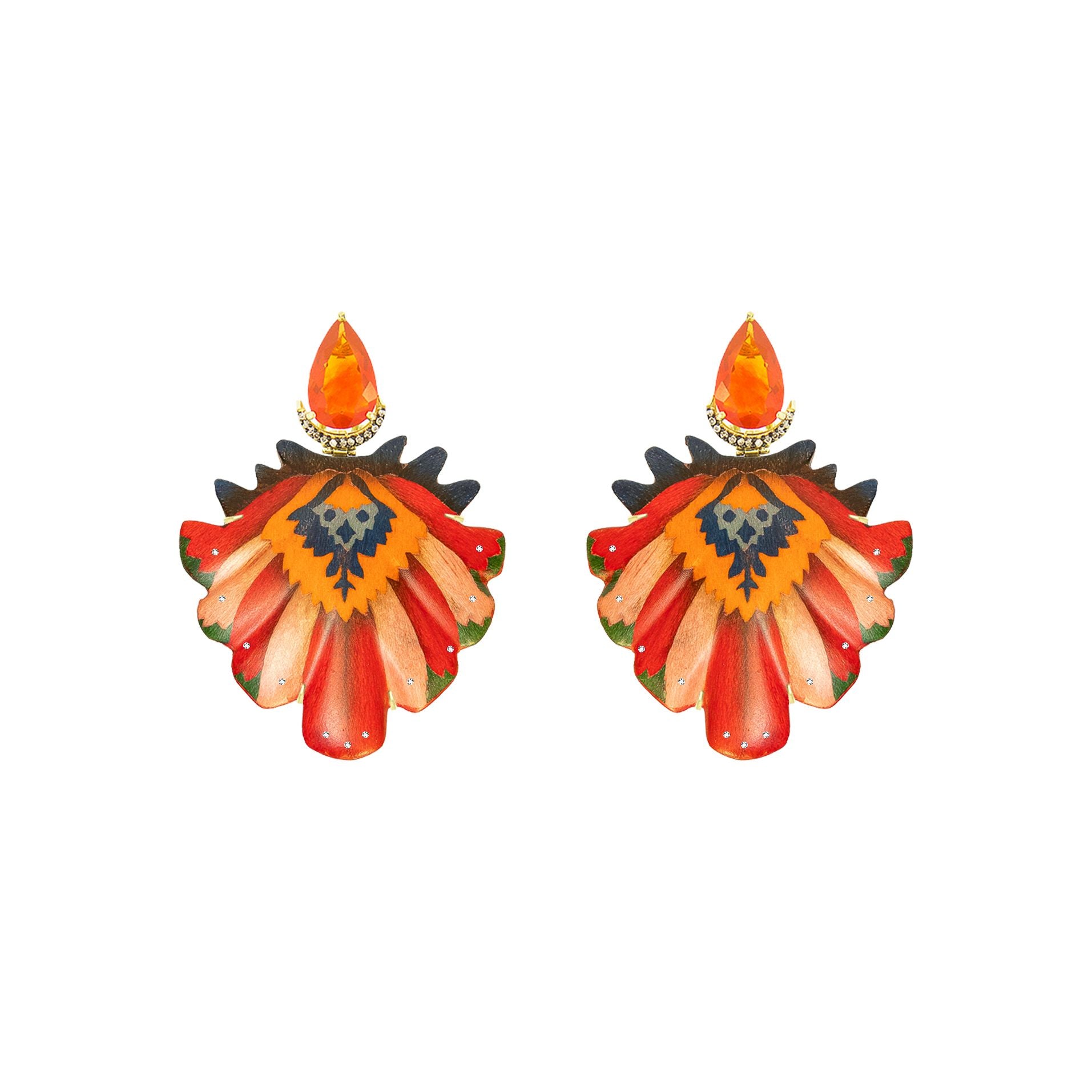Marquetry earrings with diamond, fire opal and suzanne pattern