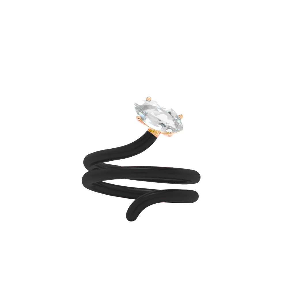 Rock Crystal and Black Enamel Long Vine Ring
