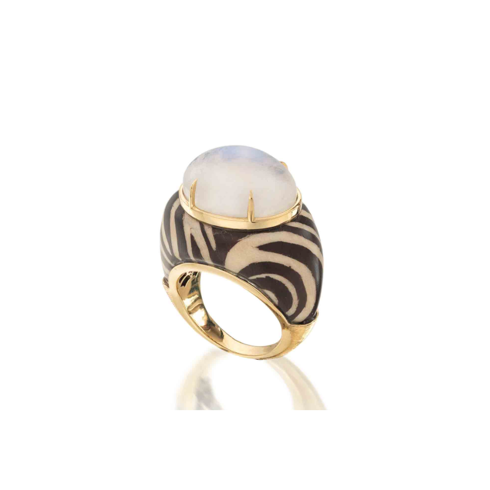 Moonstone and Zebra Marquetry ring in yellow gold