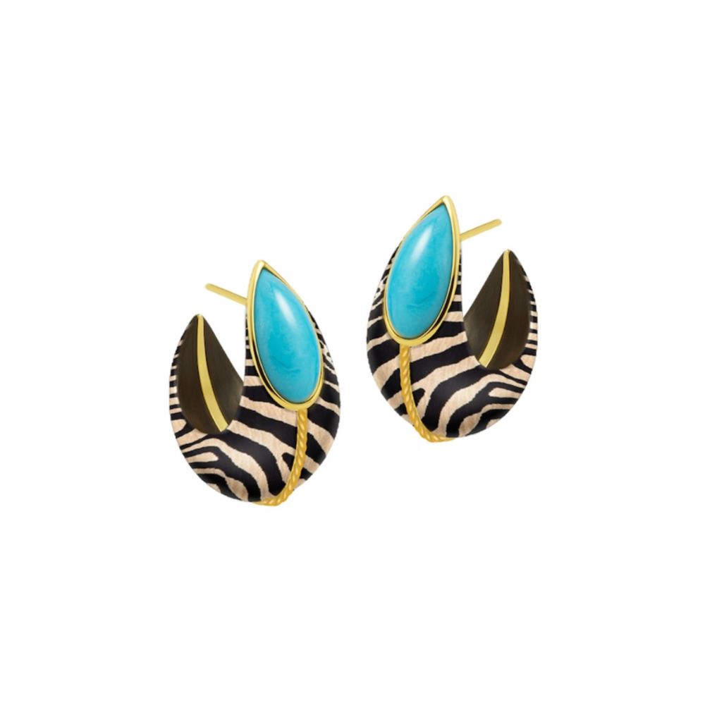 Marquetry wide hoop earrings with zebra motif and turquoise in yellow gold