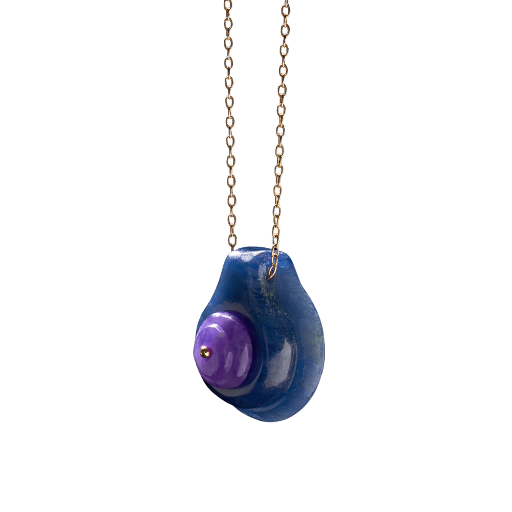 Blue Sapphire and Sugilite Button Stone Pendant Necklace