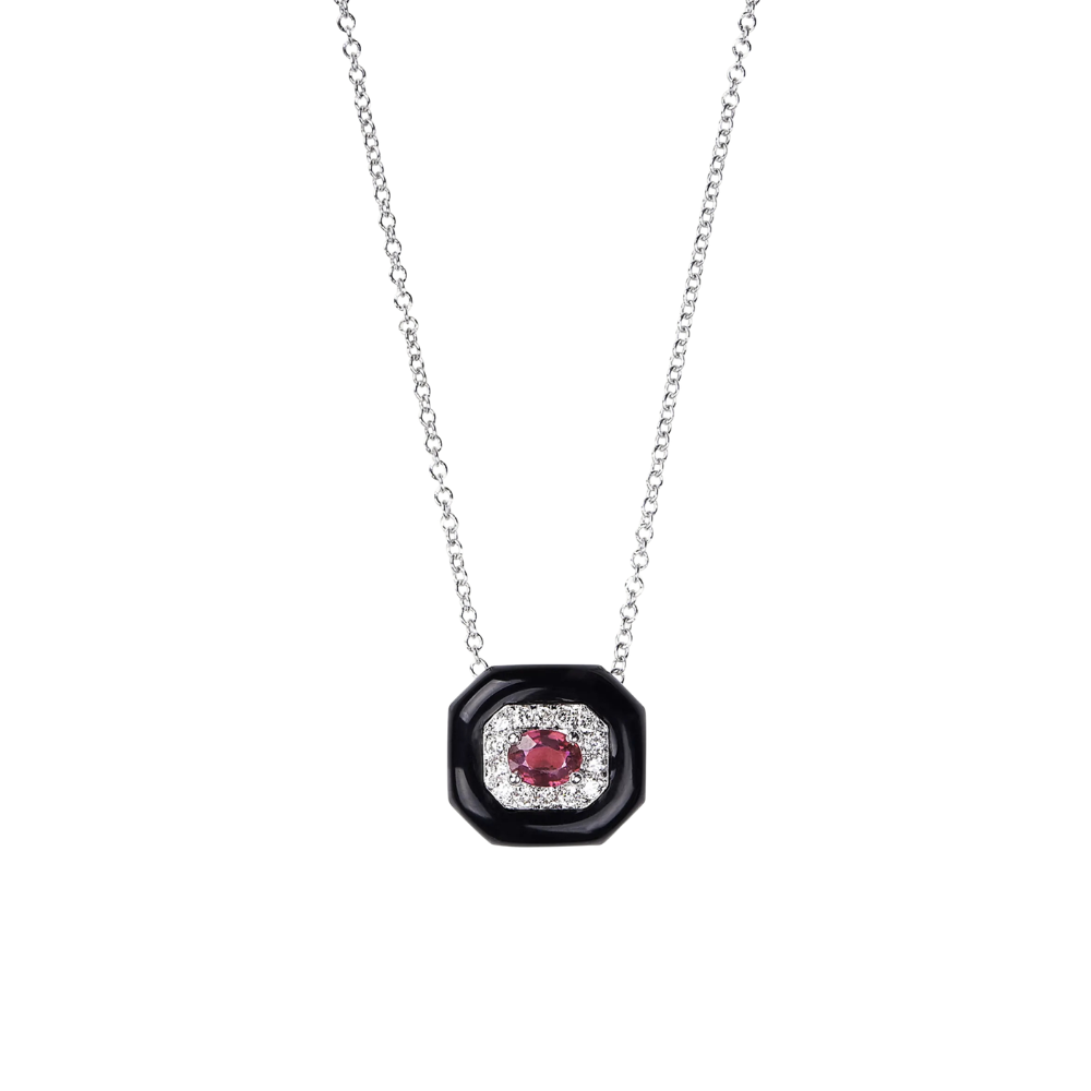 Ruby and White Diamond Oui Necklace in White Gold