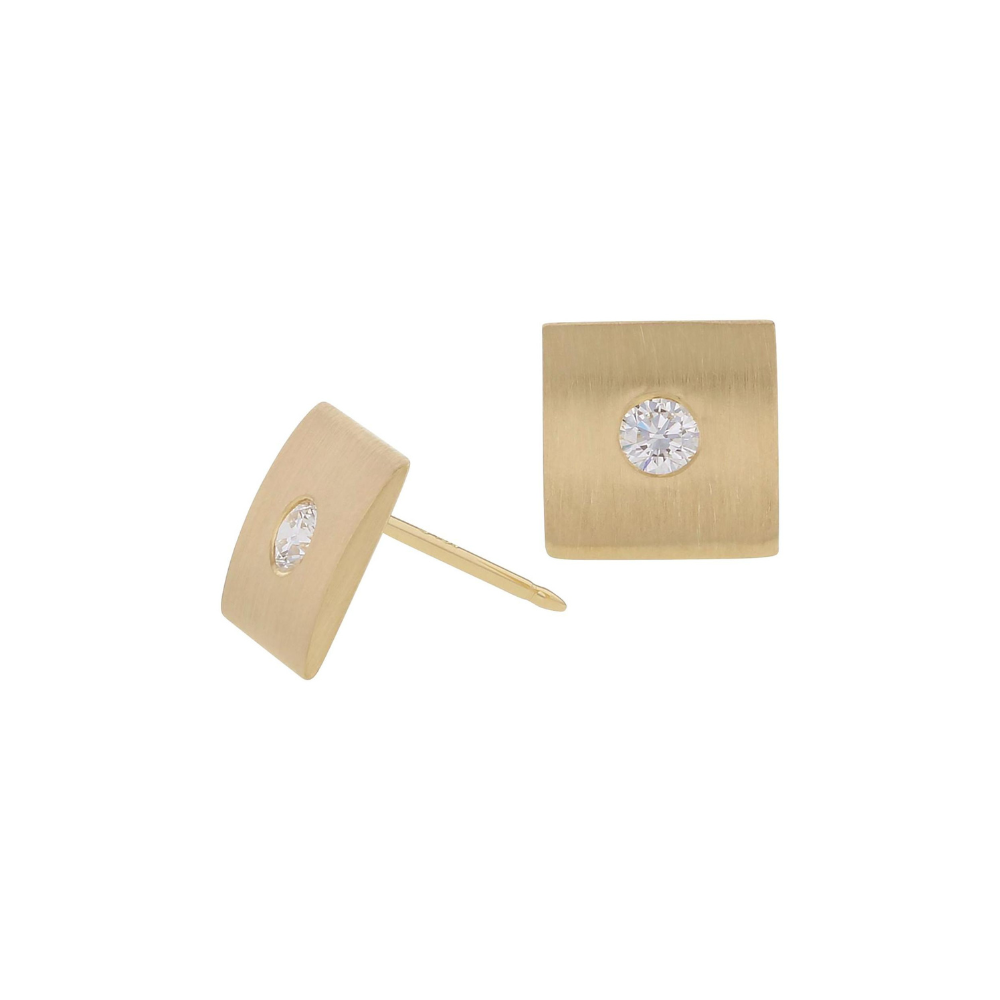 White Diamond Square Stud Earrings in Matte Yellow Gold