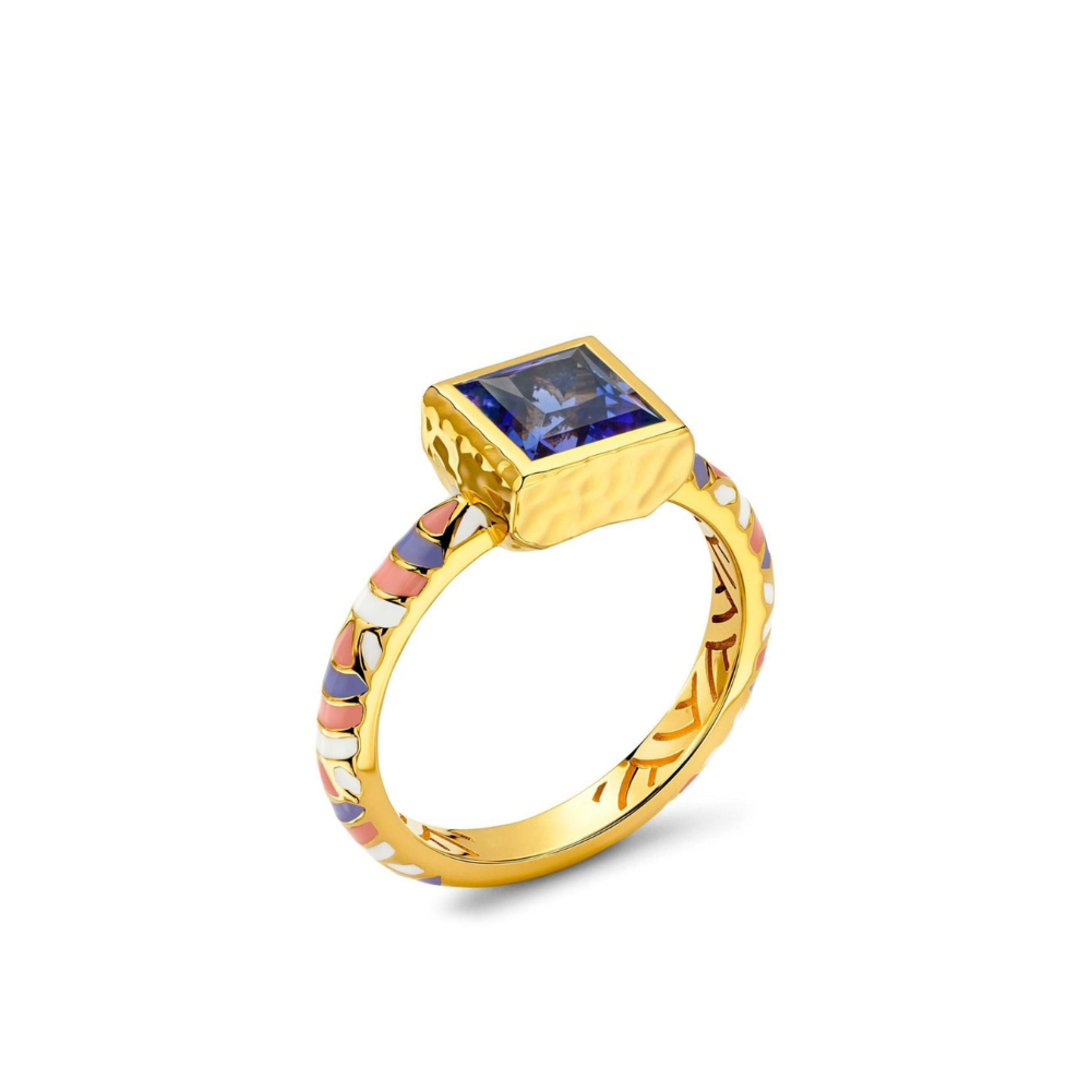 Princess Cut Tanzanite Ring with Enamel
