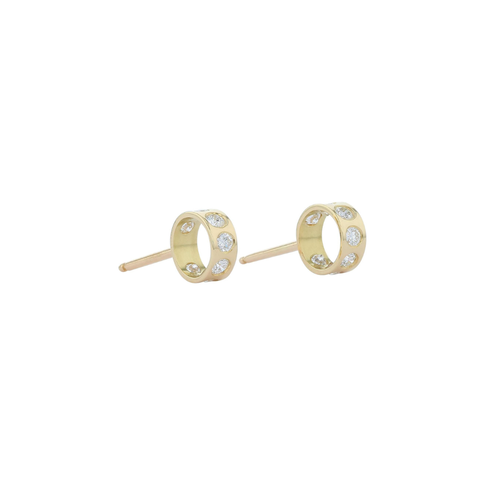 White Diamond Circular Stud Earrings in Yellow Gold