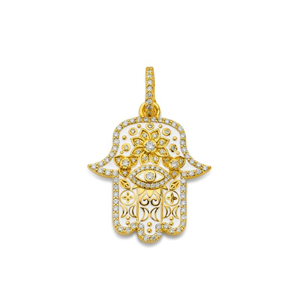 White Enamel and Diamond Hamsa Pendant