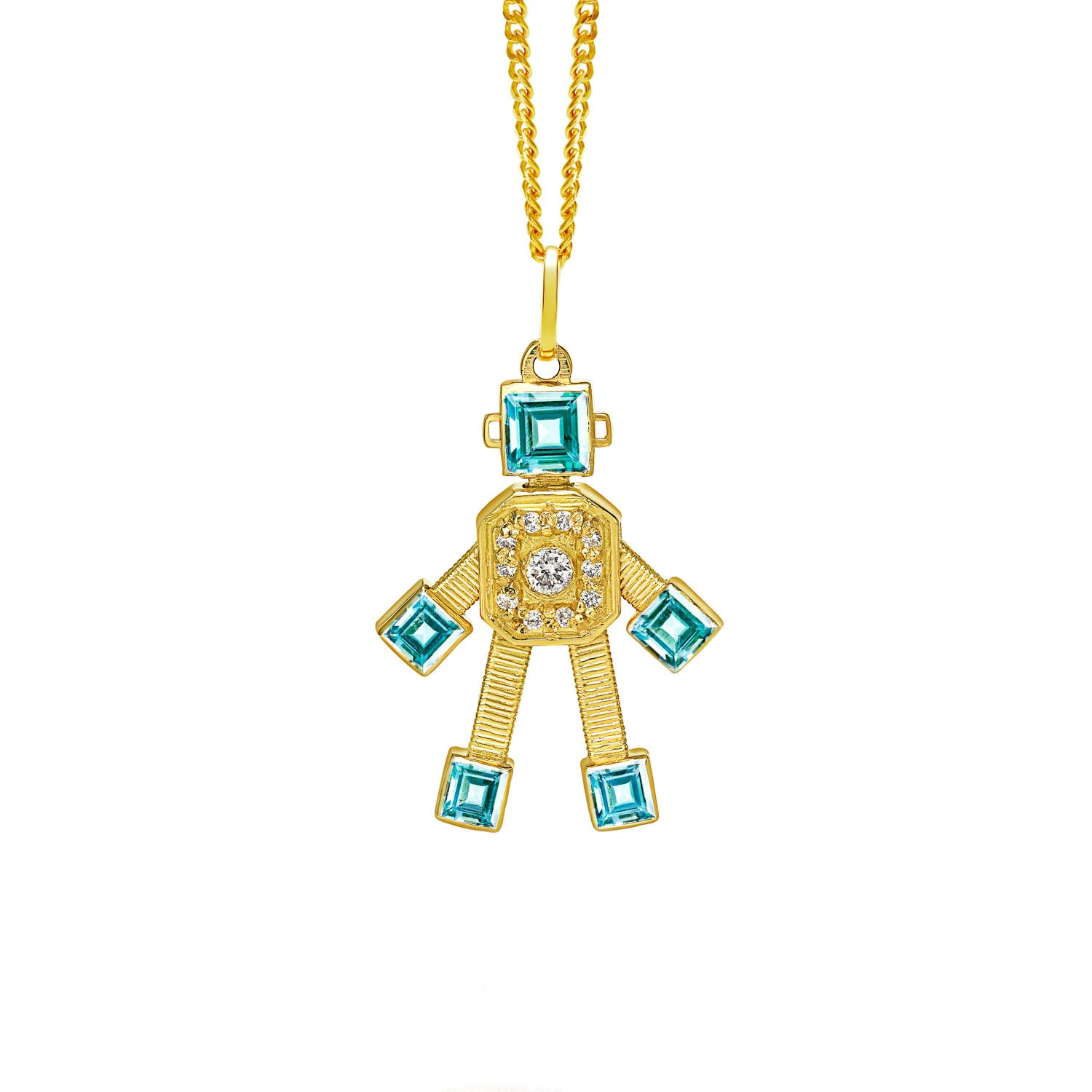 Aquamarine and Diamond Mini Robot Pendant in Yellow Gold