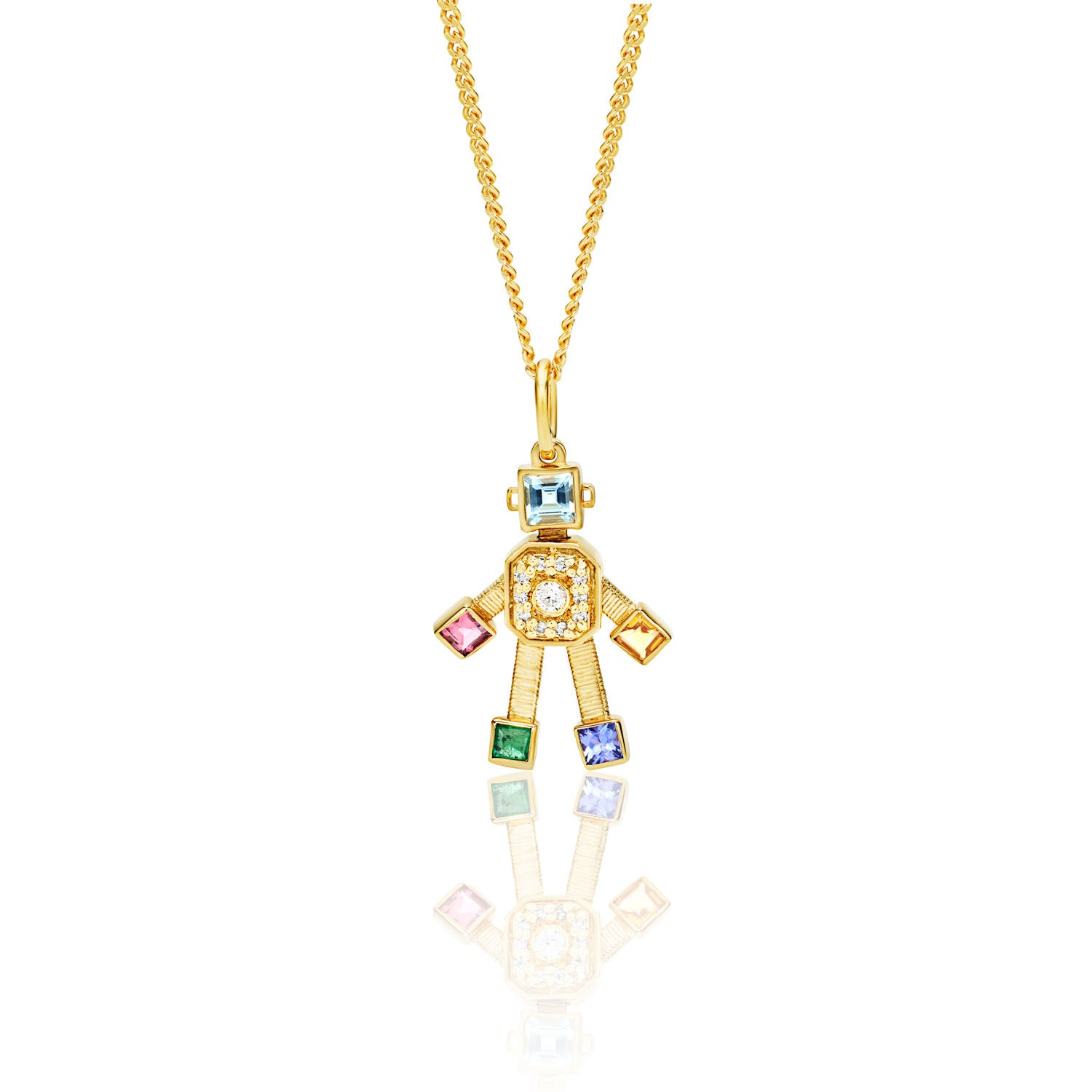 Multi-Gemstone Joy Heart Mini Robot Pendant in Yellow Gold