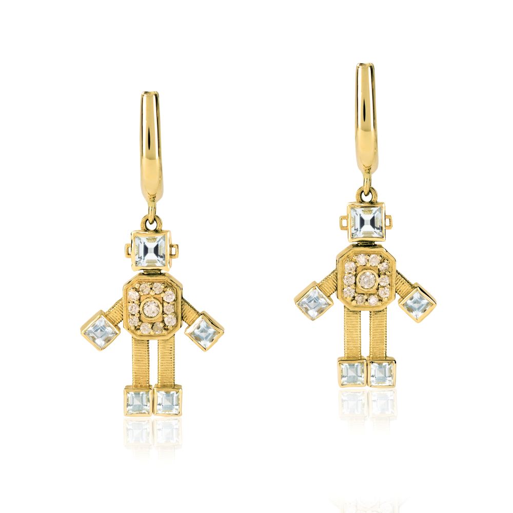 Diamond and Aquamarine Robot Earrings