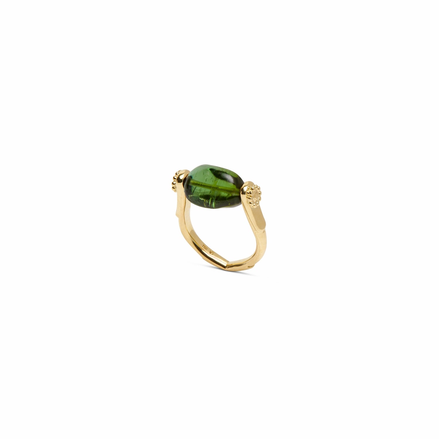 Green Tourmaline Single Stone Tumbler Ring in Yellow Gold