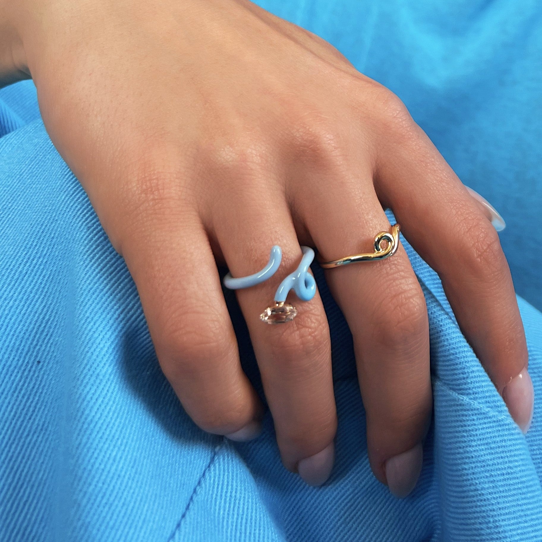 Baby Vine Rock Crystal Evil Eye Ring in Blue