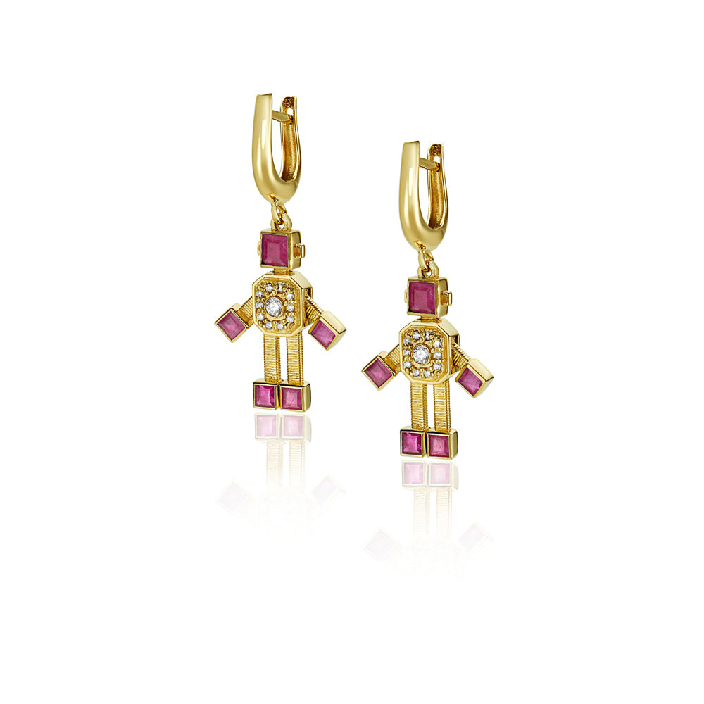 Diamond and Ruby Robot Earrings