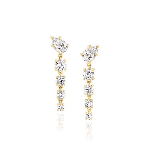 White Diamond Bias Drop Earrings in Yellow Gold