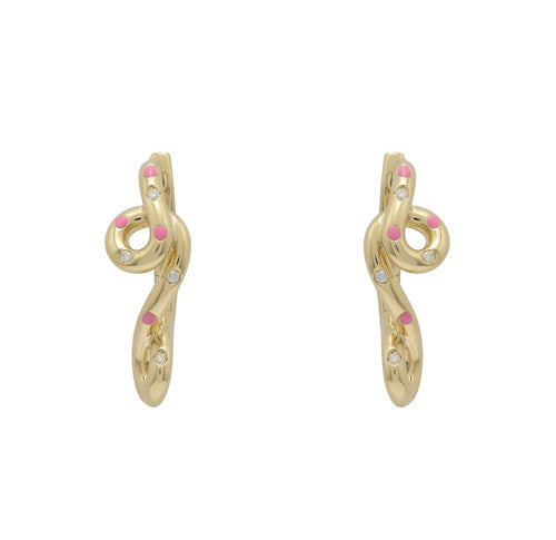 A pair of Bea Bongiasca Double Wave Hoop Earrings with pink stones and yellow gold plating.