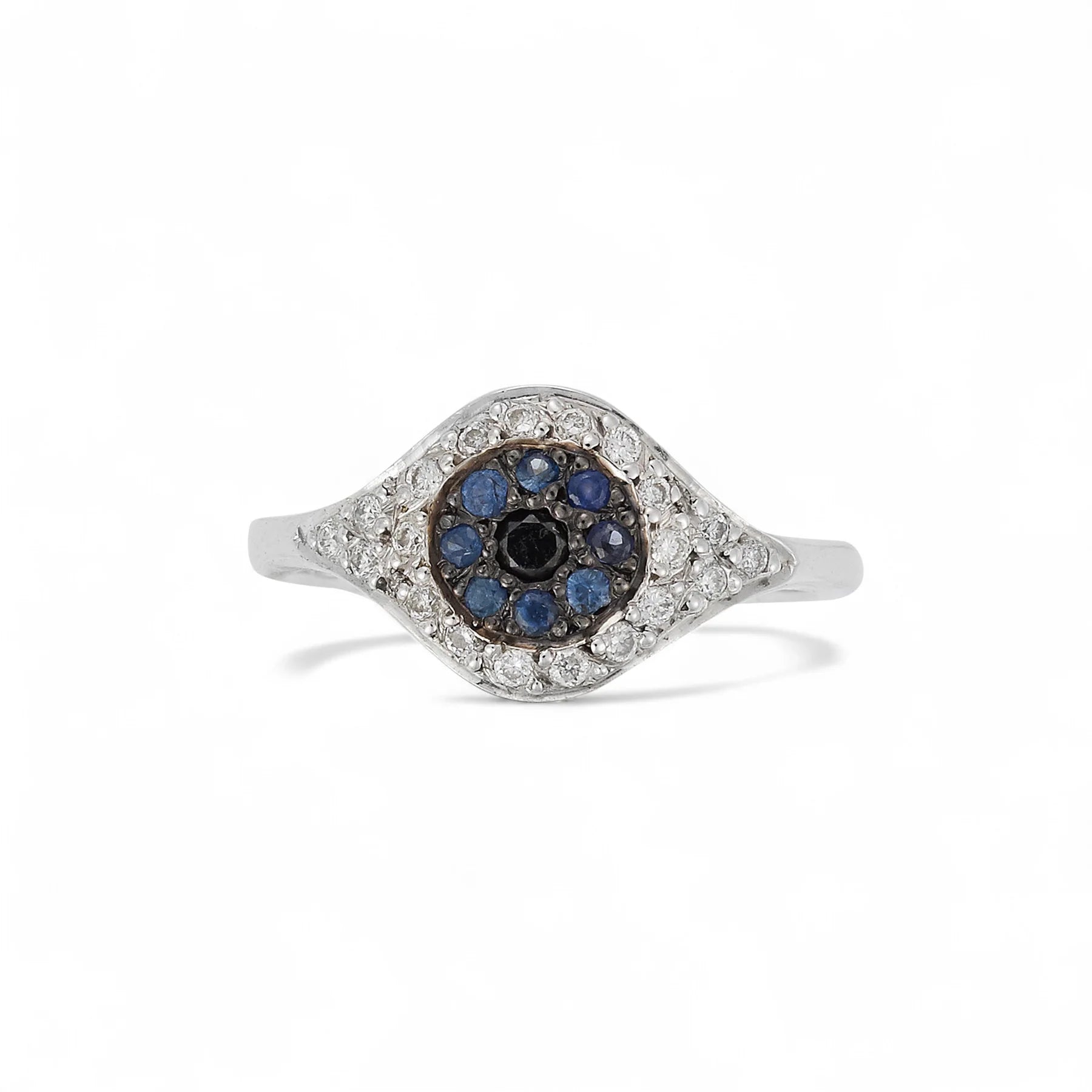 White Diamond and Blue Sapphire Cat's Eye Ring in White Gold