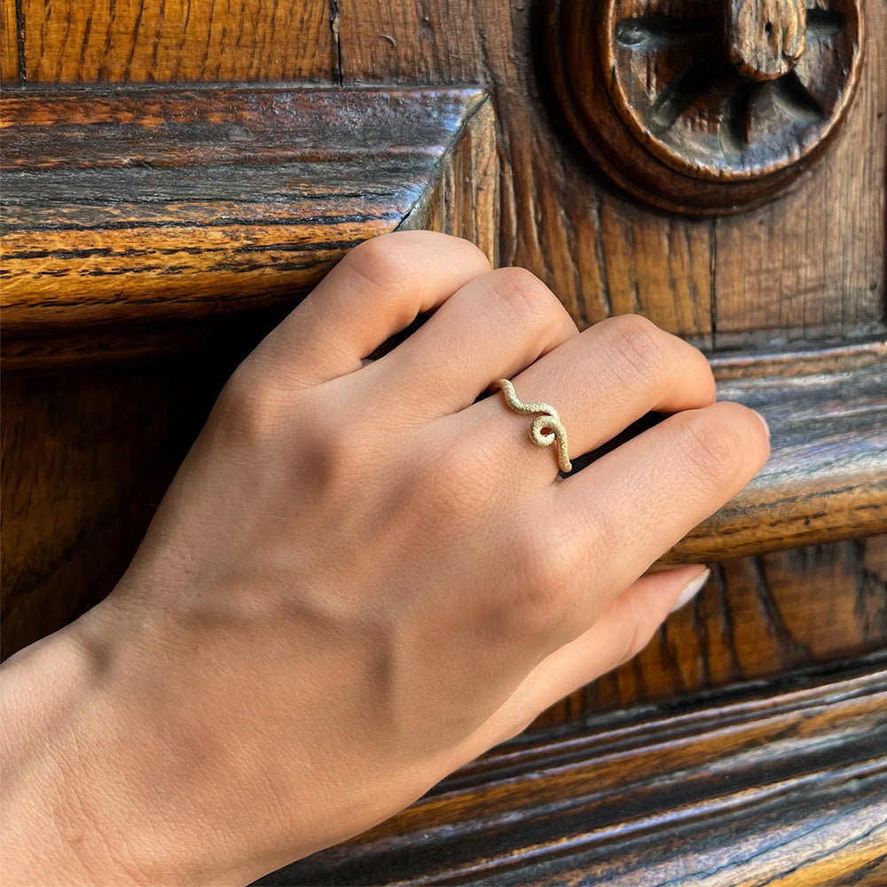 A woman's hand holding a Bea Bongiasca Wave Ring on a wooden door.