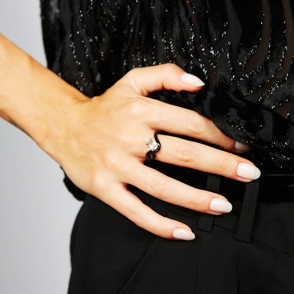 Rock Crystal and Black Enamel Oval Vine Ring