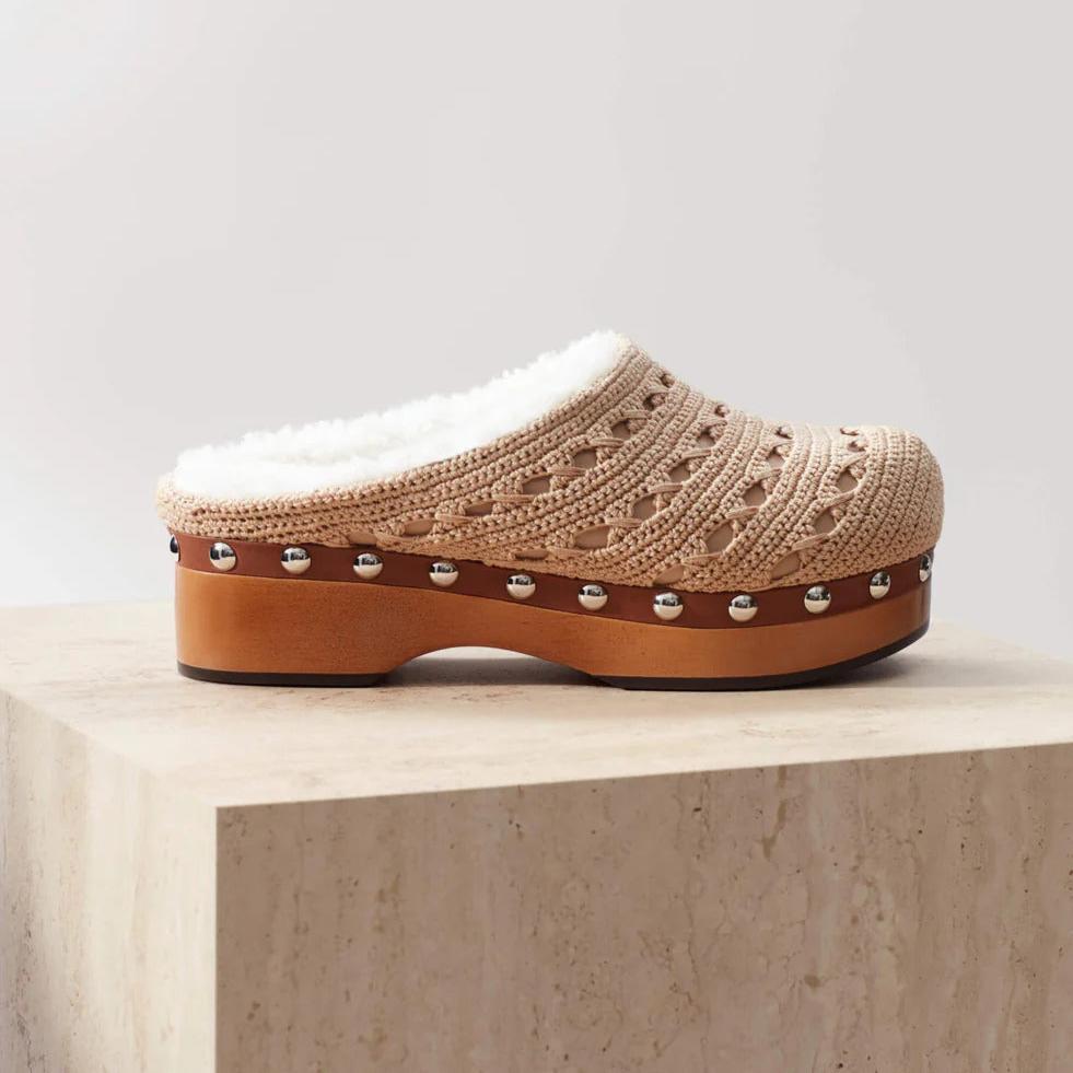 Beige Knit & Shearling Clogs - MUSE Shop