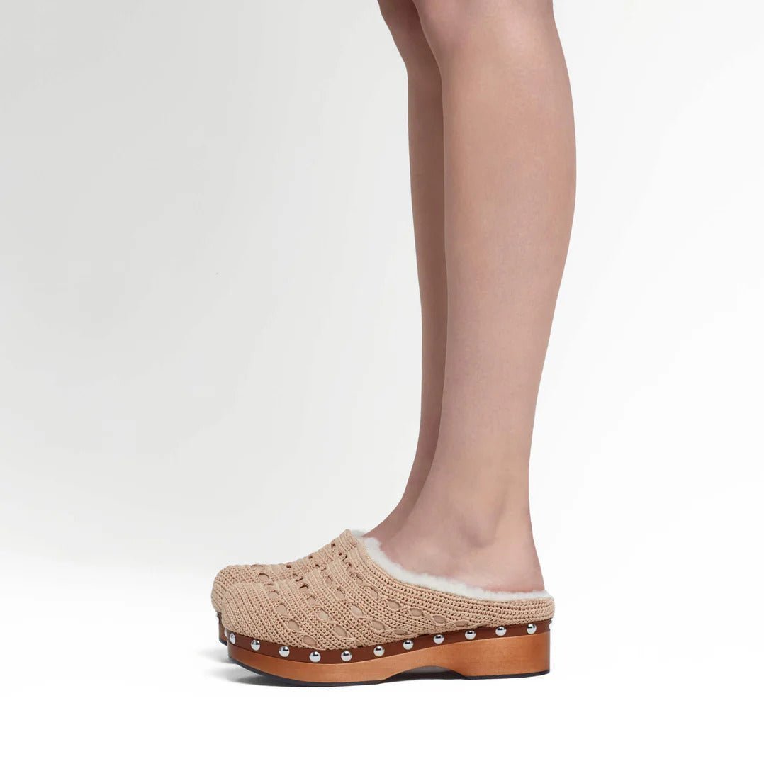 Beige Knit & Shearling Clogs - MUSE Shop