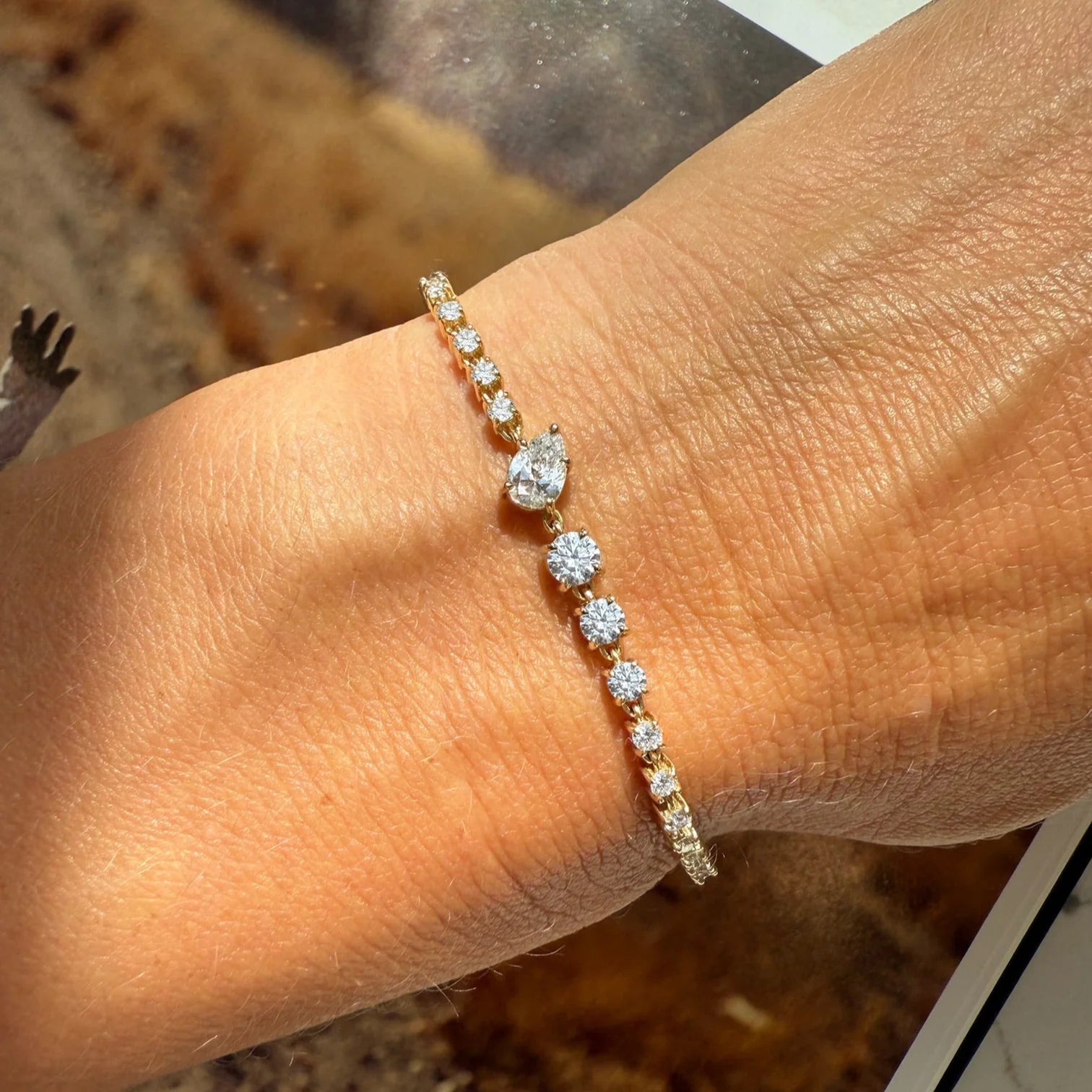 White Diamond Bias Tennis Bracelet in Yellow Gold