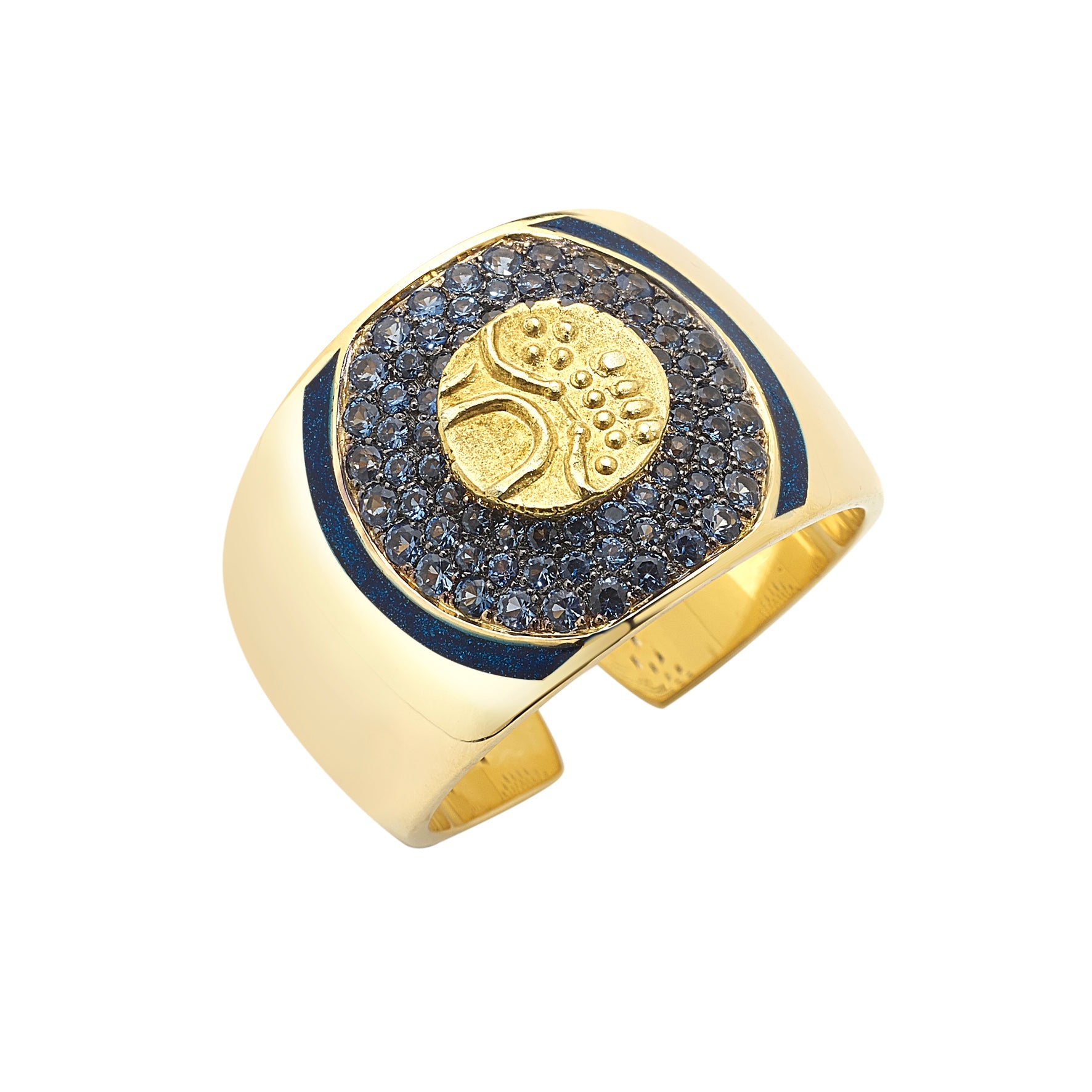 Blue Sapphire and Vintage Fanam Coin Ring in Yellow Gold - MUSE Shop