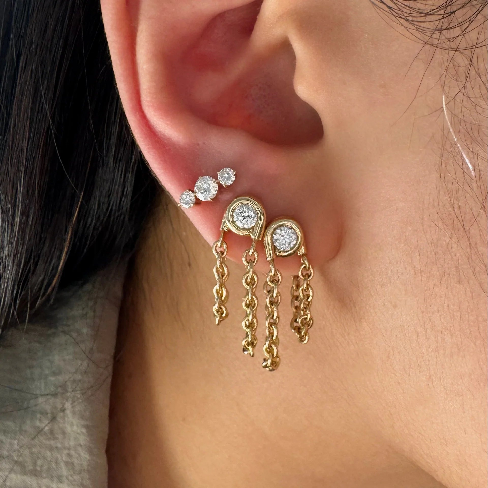 White Diamond Contour Chain Drop Earrings in Yellow Gold