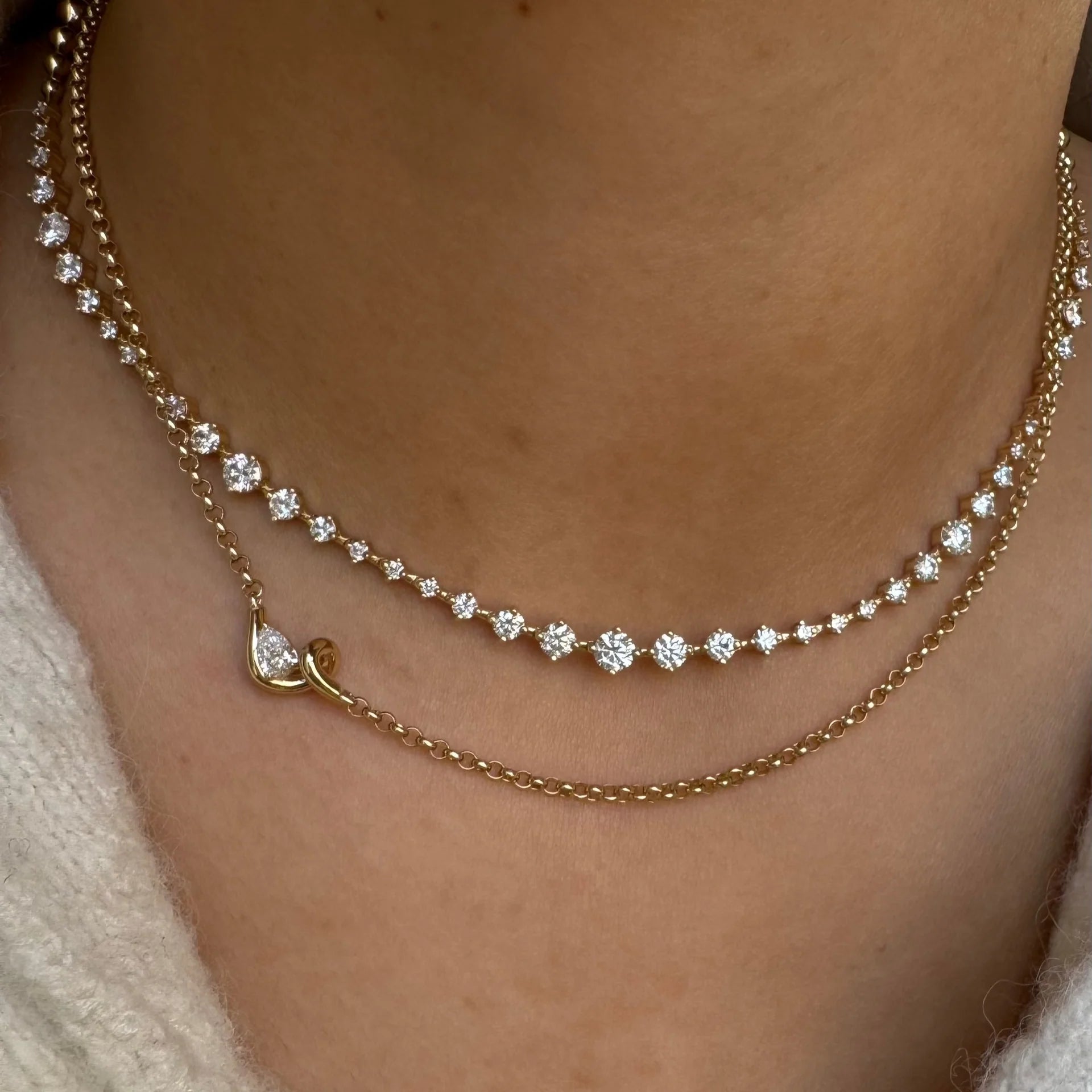 Pear Shaped White Diamond Contour Necklace in Yellow Gold
