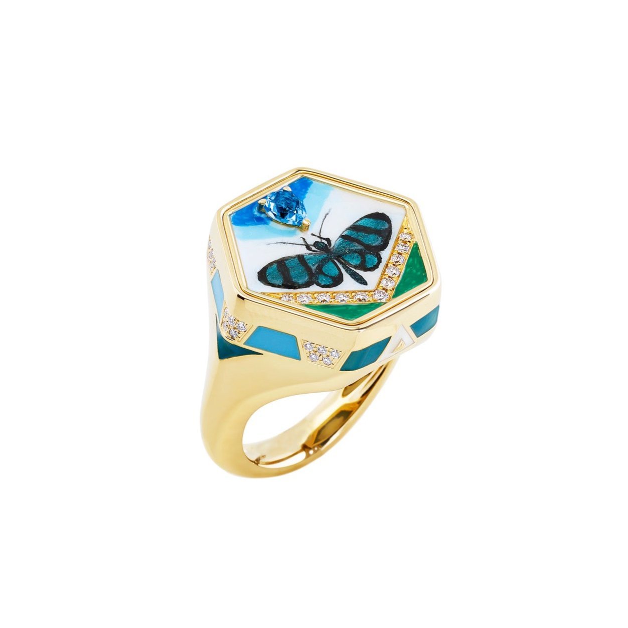 Enamel Change Your Stripes Butterflies Ring with Reversible Cameo in Yellow Gold - MUSE Shop