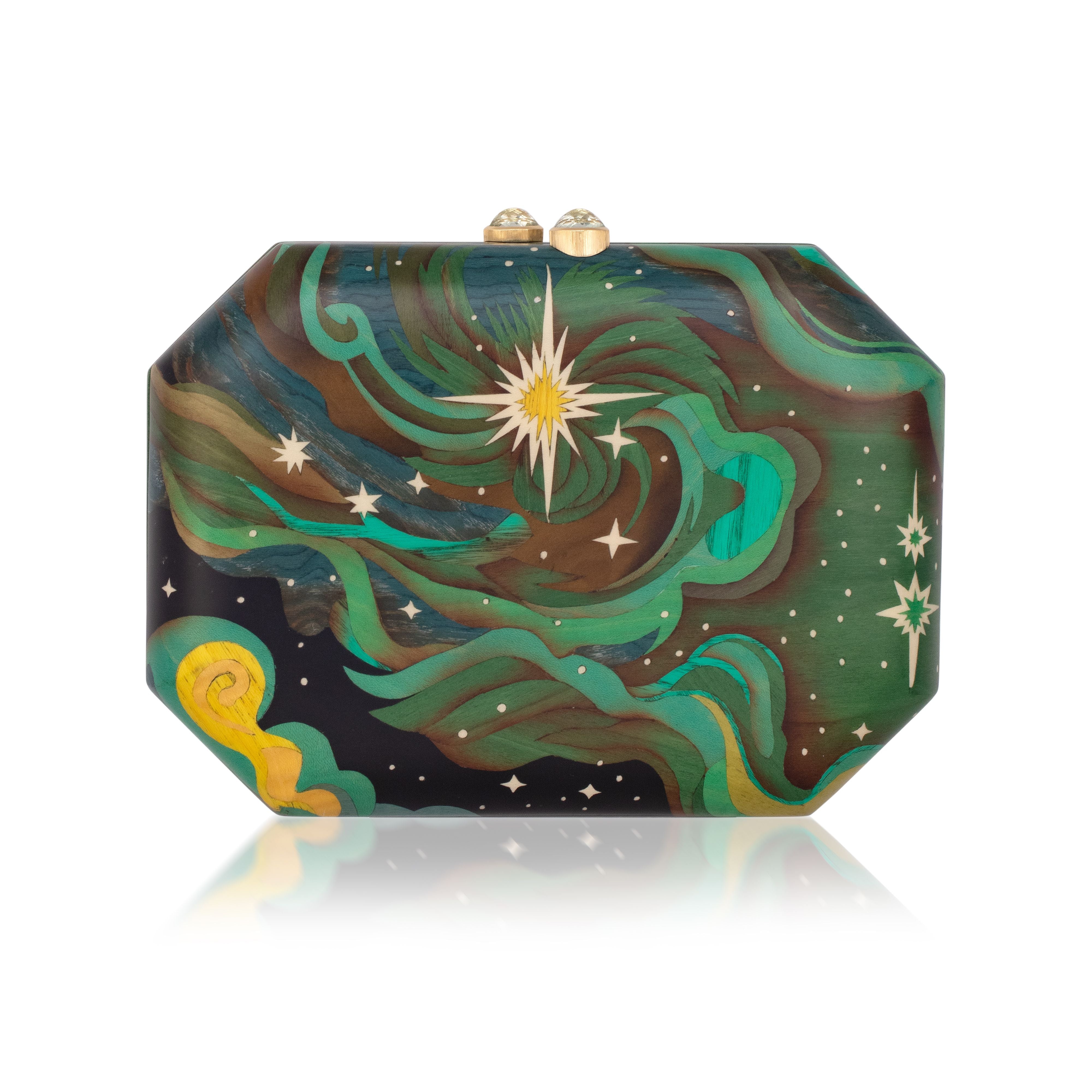 Elphaba Sky Marquetry Clutch with Green Amethyst in Yellow Gold