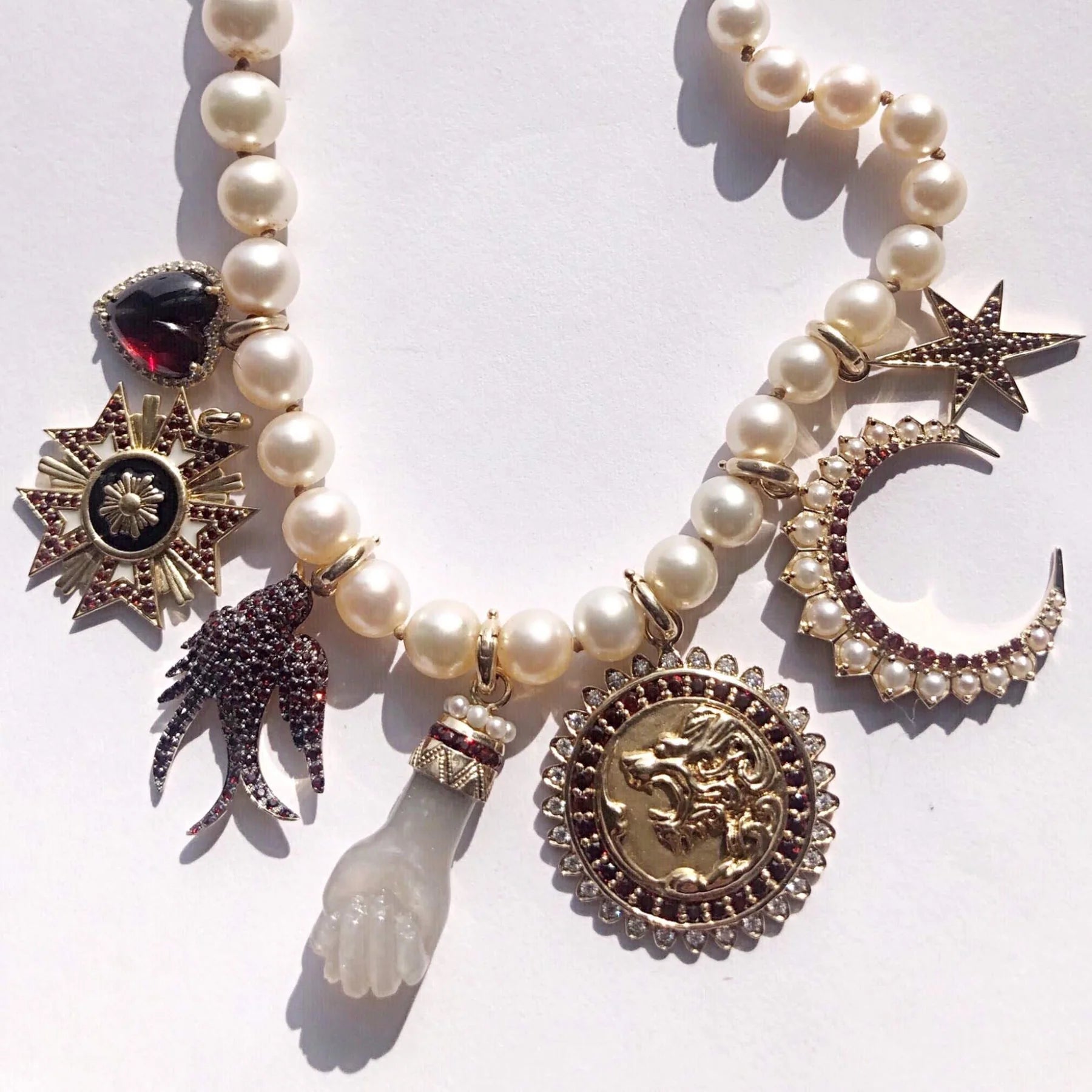 White Pearl and Garnet Estelle Crescent Charm in Yellow Gold