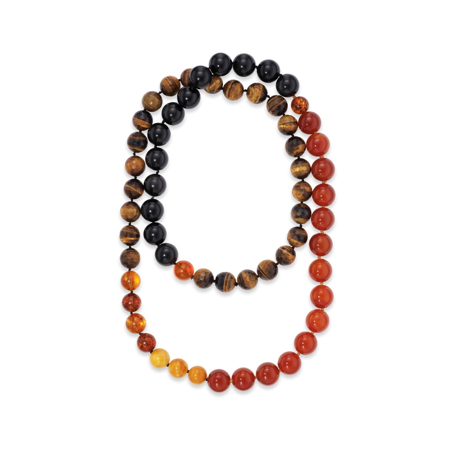 Mixed Faceted and Polished Jumbo Beaded Brown Tiger Eye, Red Agate, Black Onyx, Amber and Honey Amber Necklace