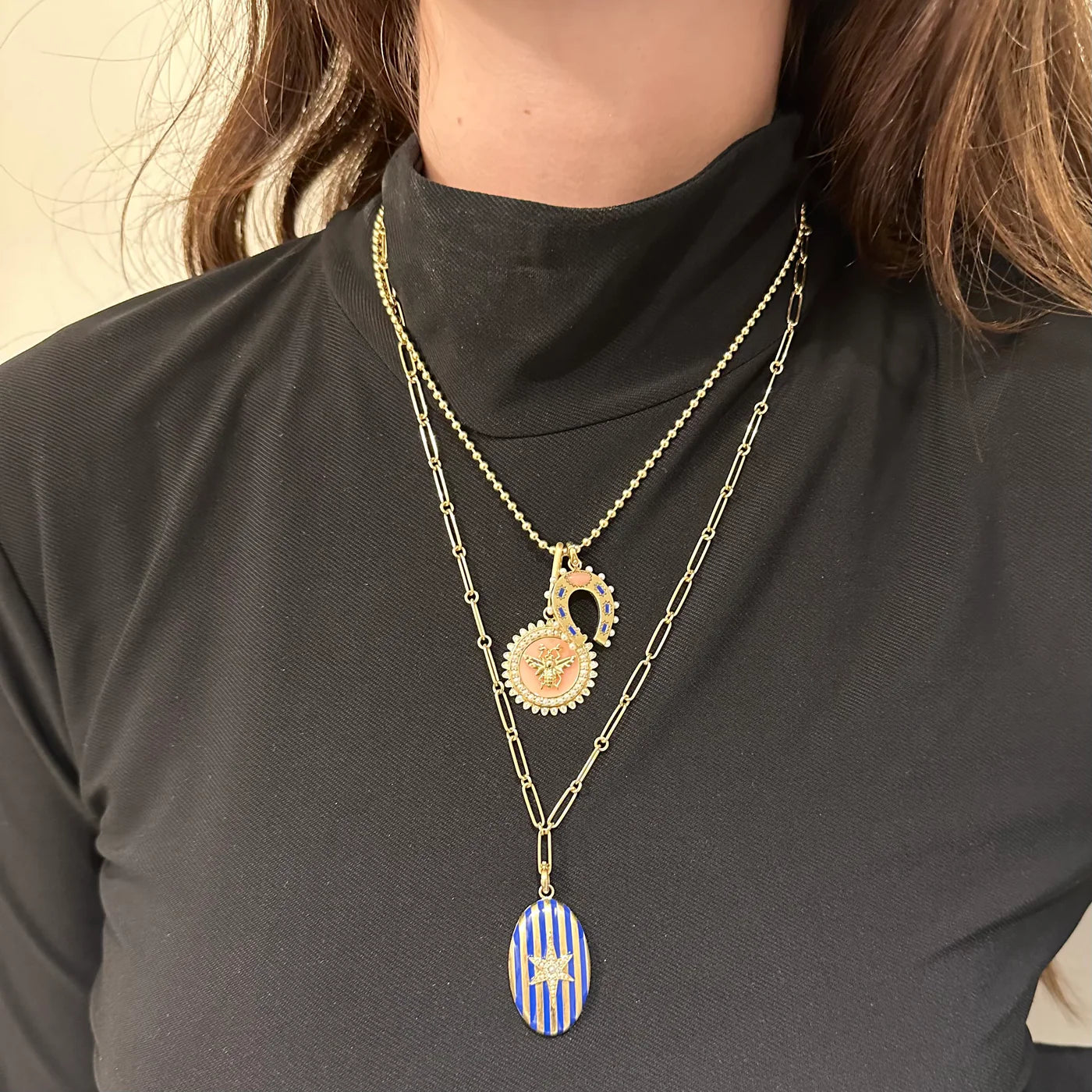 Lapis Pearl and Pink Opal Holly Horseshoe Charm in Yellow Gold