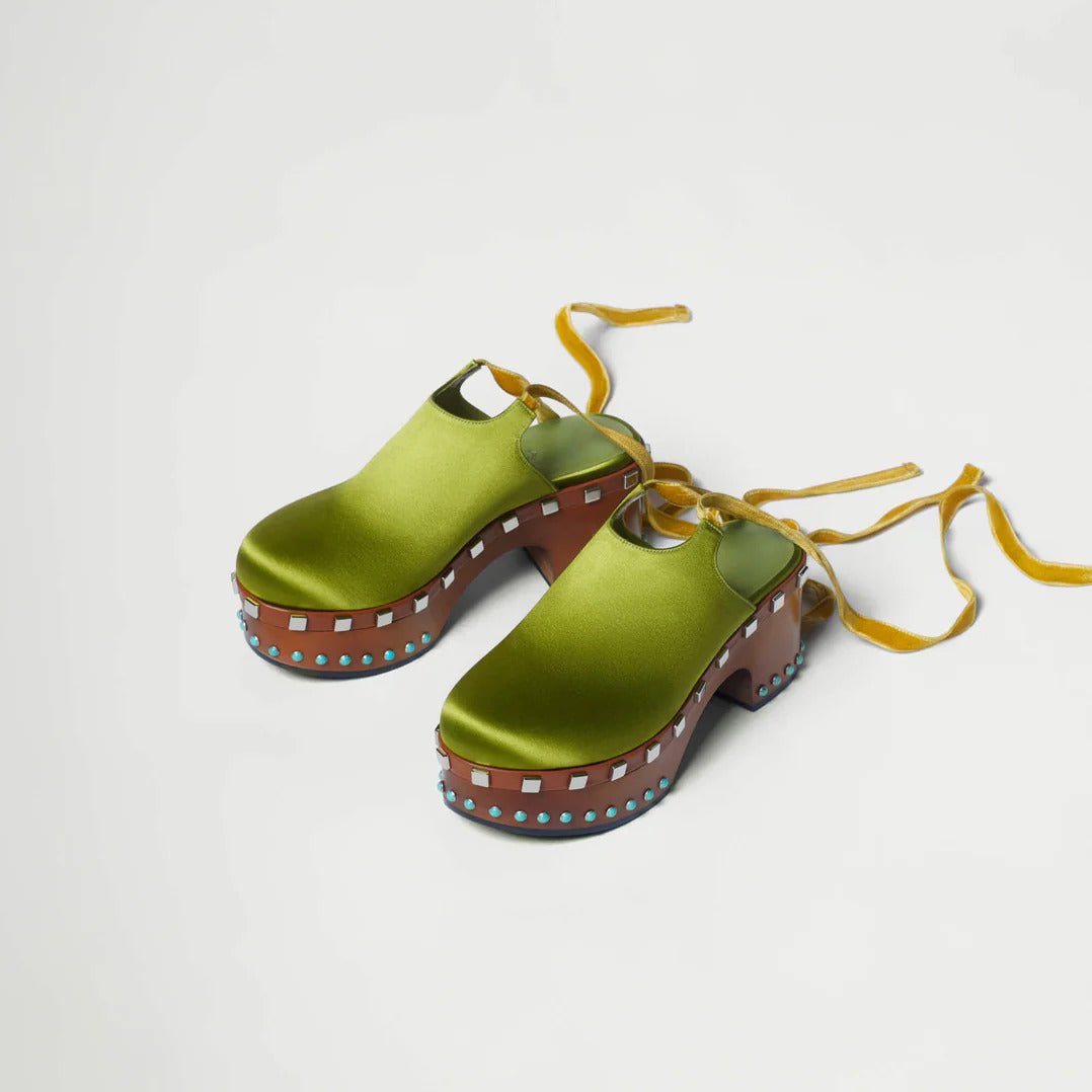 Lime Green Silk Clogs - MUSE Shop