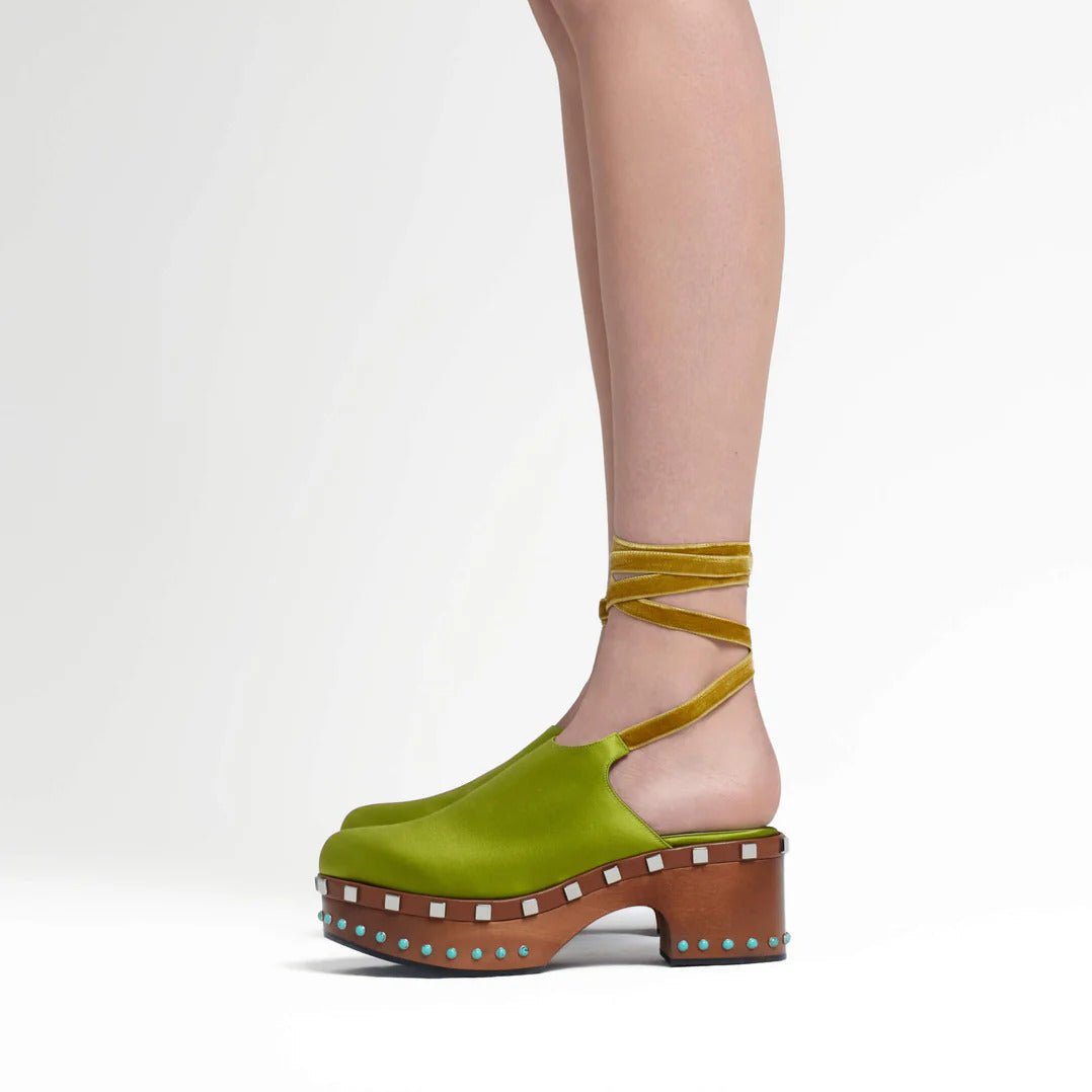 Lime Green Silk Clogs - MUSE Shop
