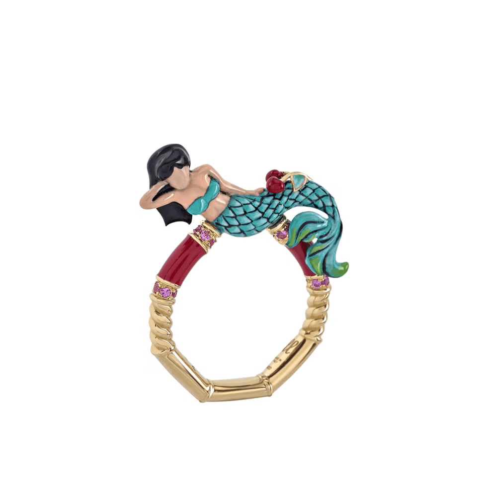 Mermaid Ring with Pink Sapphires and Enamel in Yellow Gold - MUSE Shop