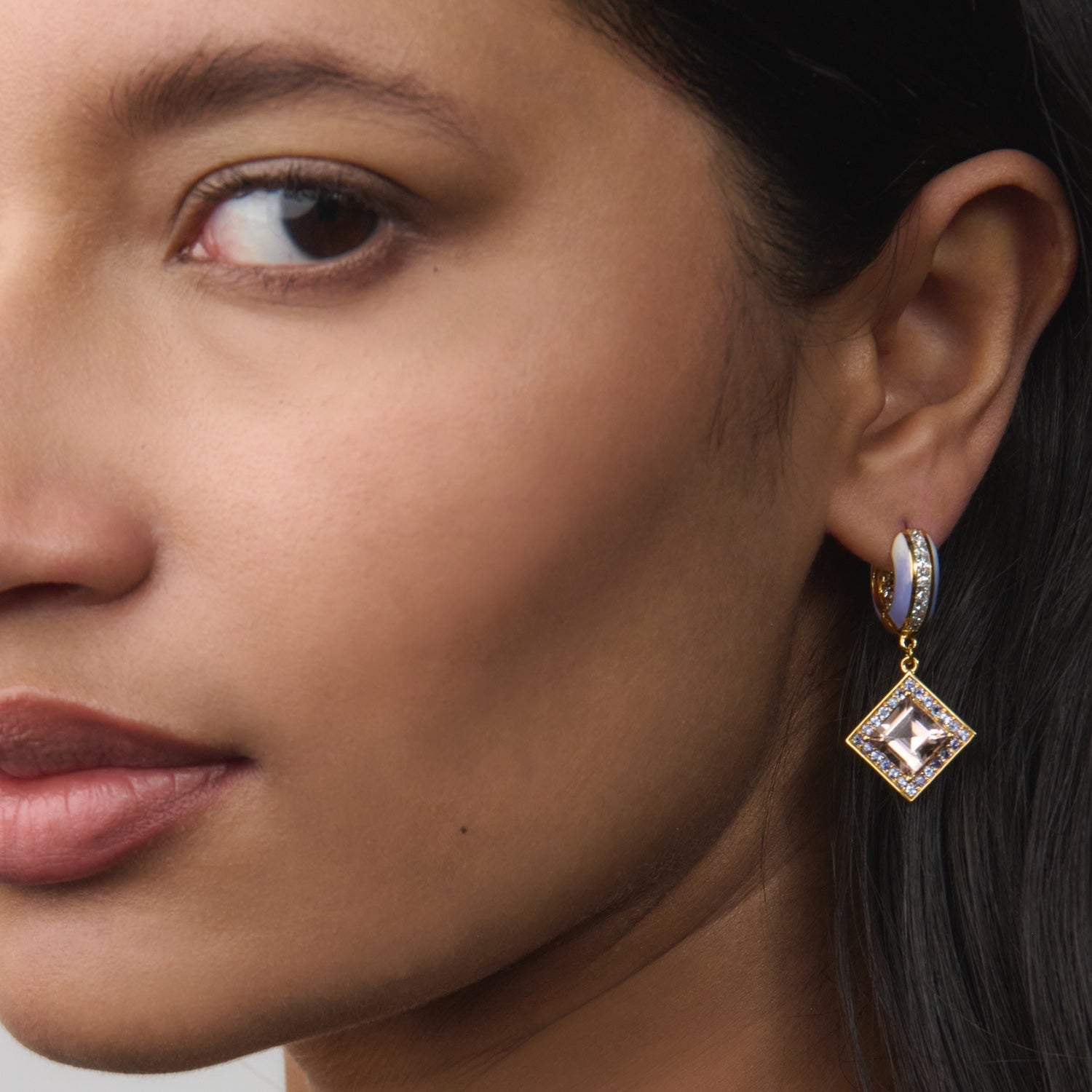 Morganite, Tanzanite, & Diamond Square Huggies - MUSE Shop