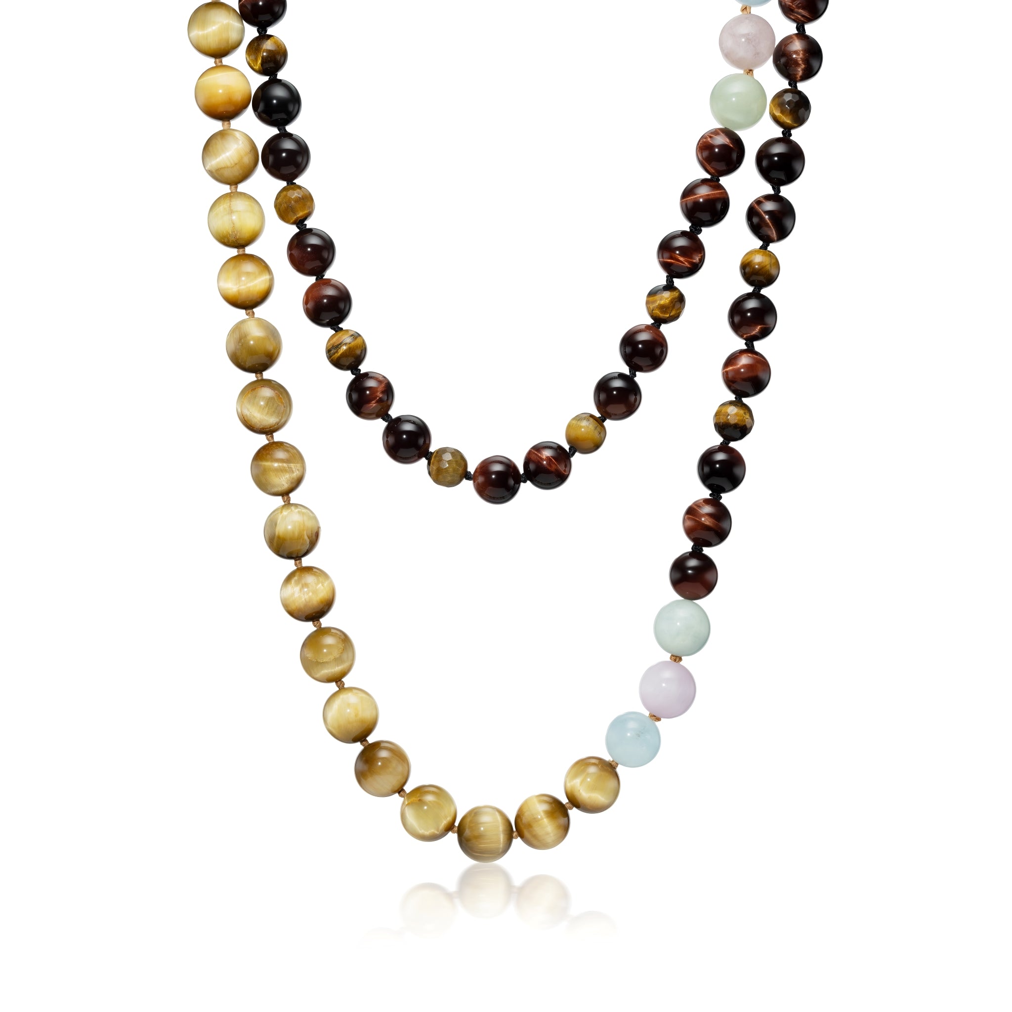 Golden, Red, and Brown Tiger's Eye and Aquamarine Necklace, 140cm