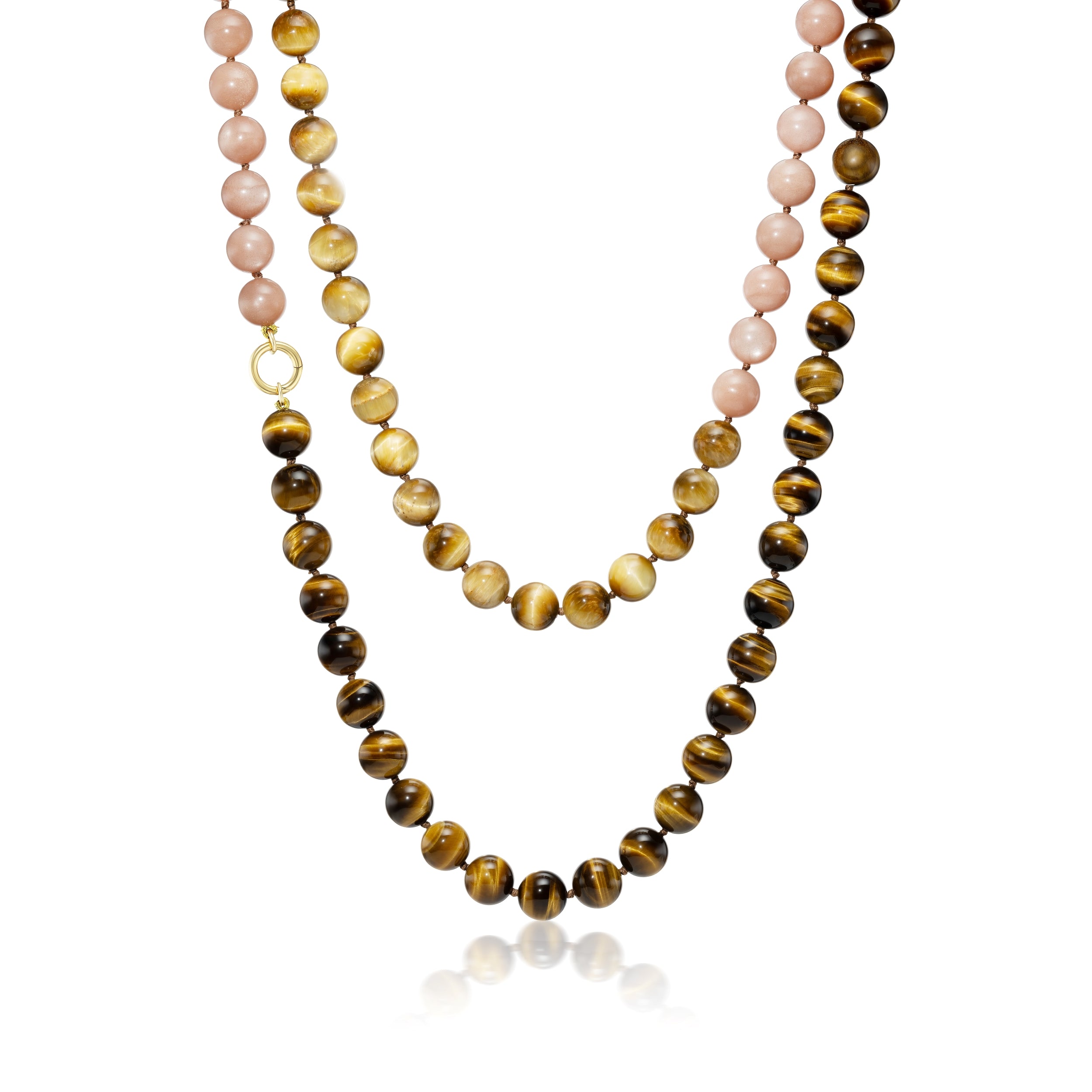 Multi Color Necklace with Golden and Brown Tiger's Eye and Pink Moonstone - 132cm