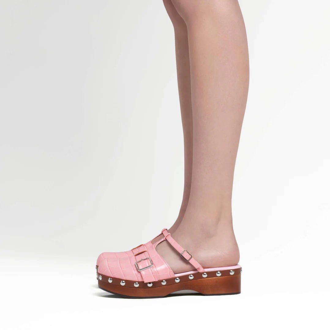 Pink Embossed Calf Leather Clogs - MUSE Shop
