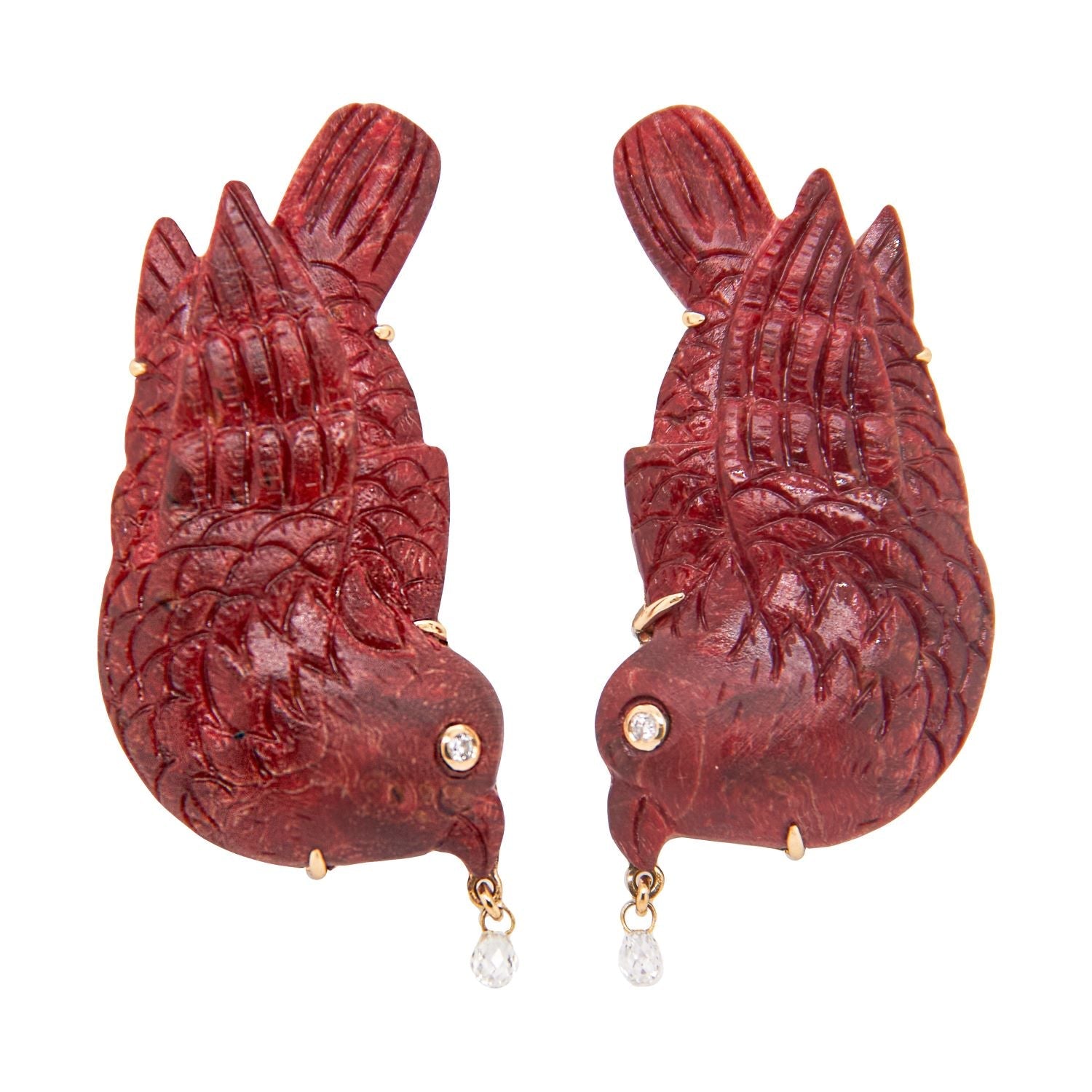 Red Wood & Diamond Bird Earrings - MUSE Shop