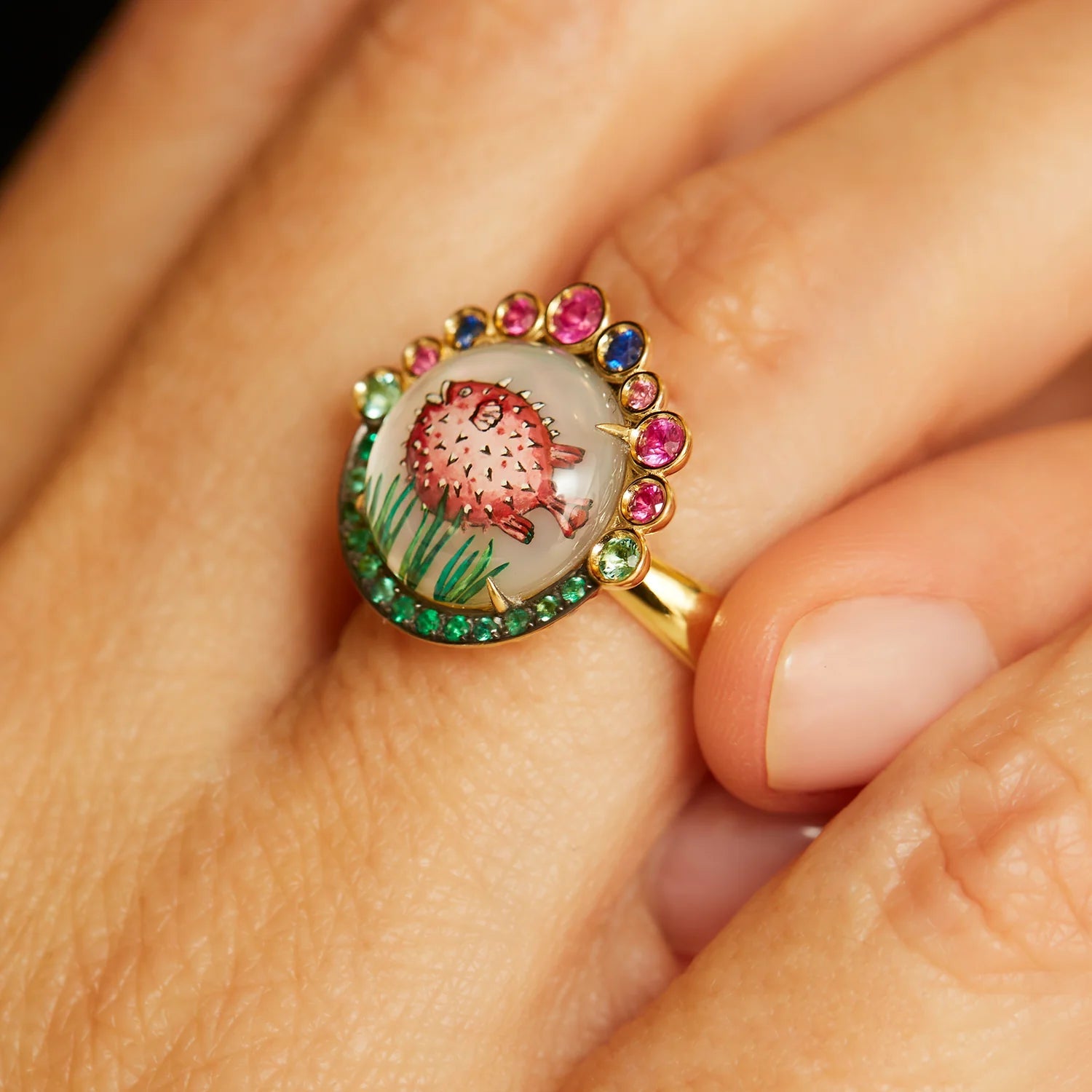 Reverse Intaglio Pufferfish Ring with Emeralds and Colored Sapphires in Yellow Gold - MUSE Shop