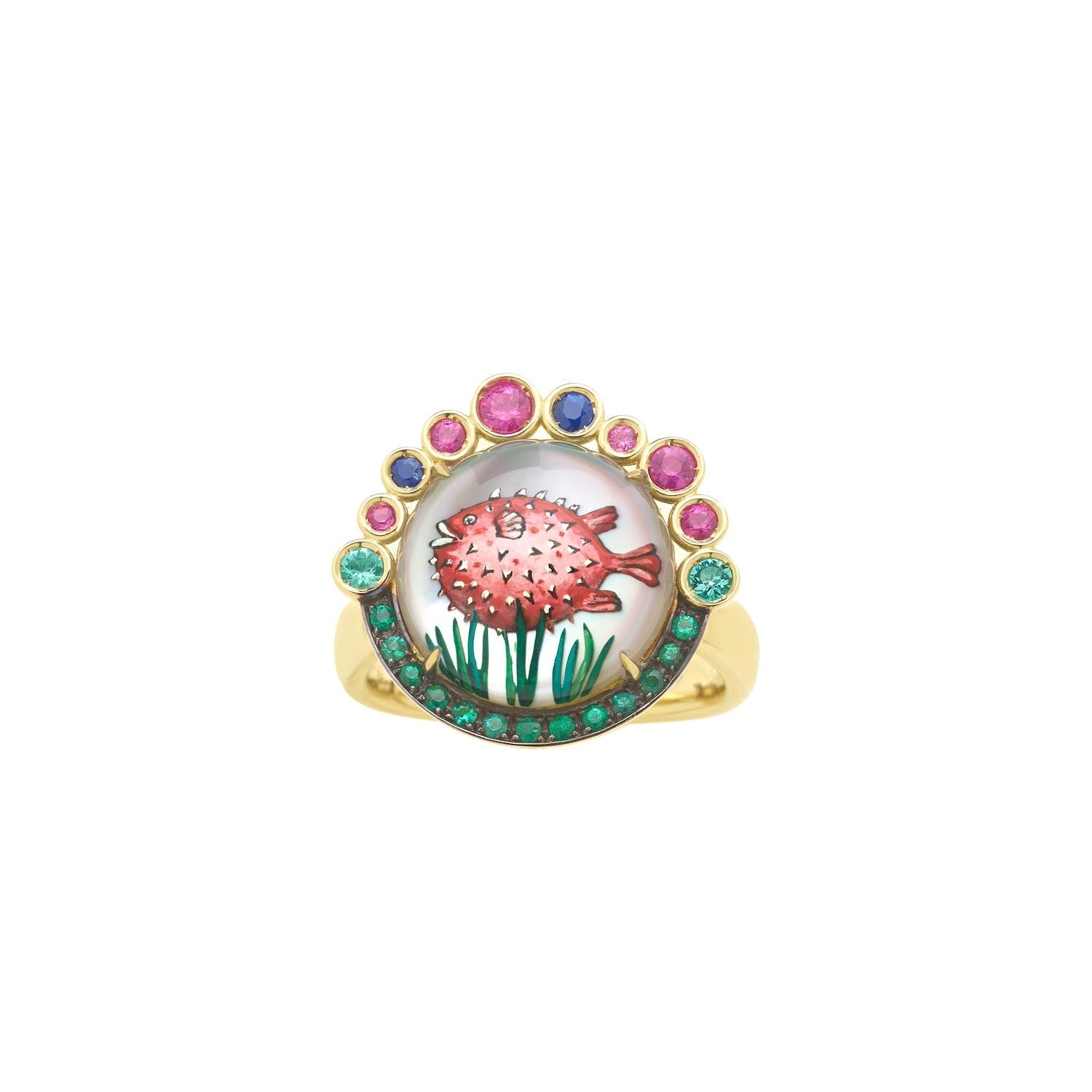 Reverse Intaglio Pufferfish Ring with Emeralds and Colored Sapphires in Yellow Gold - MUSE Shop