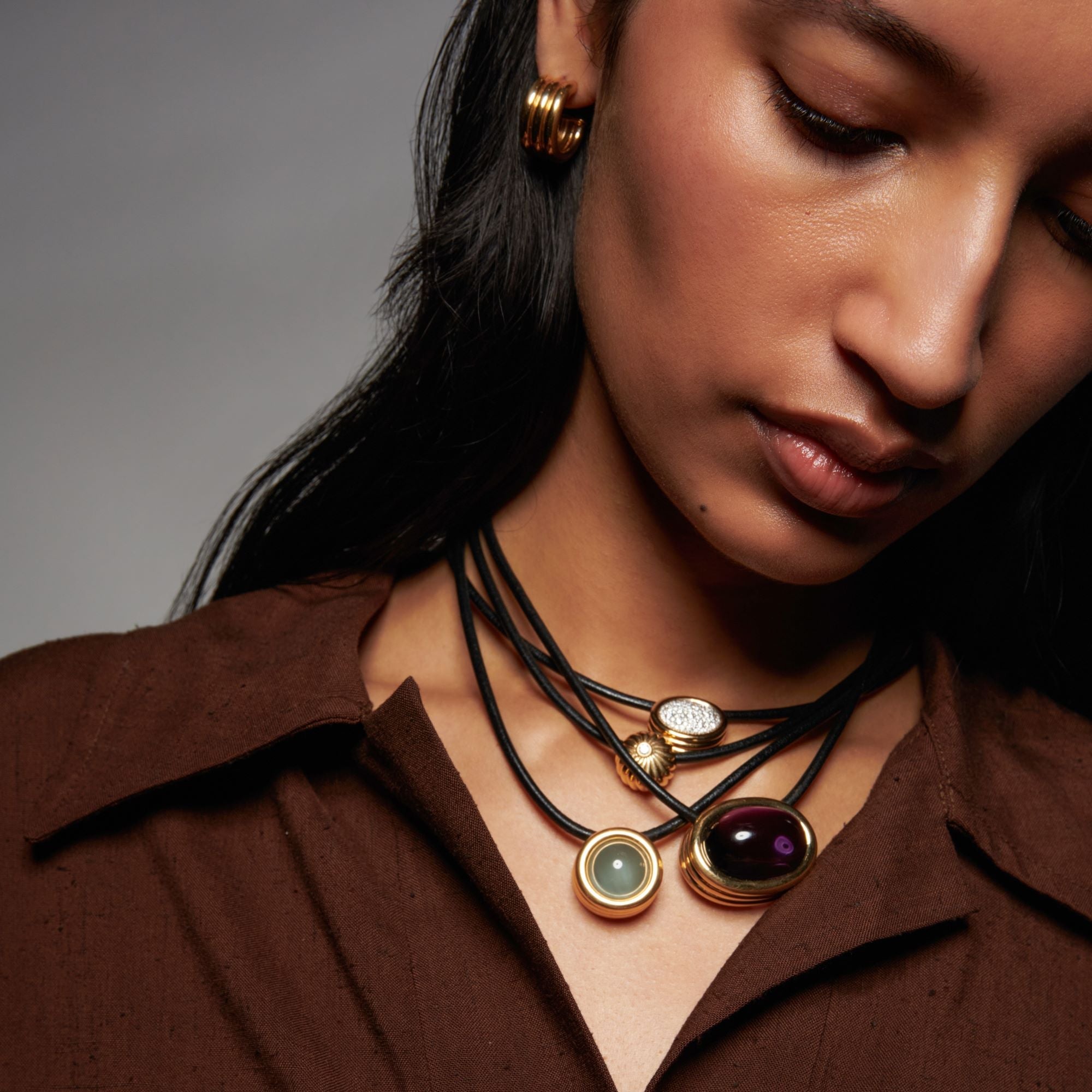 Sol Necklace with Diamond Accent in Black Leather and Yellow Gold - MUSE Shop