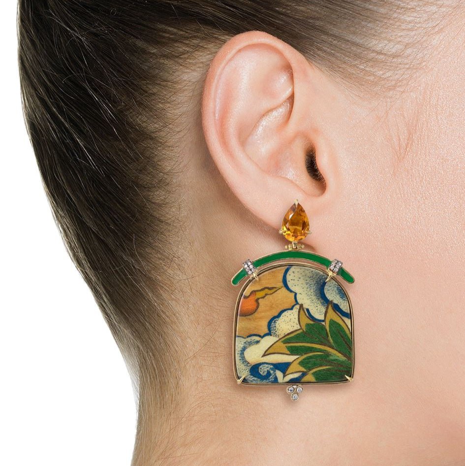Tibetan Leaf Print & Citrine Marquetry Earrings - MUSE Shop