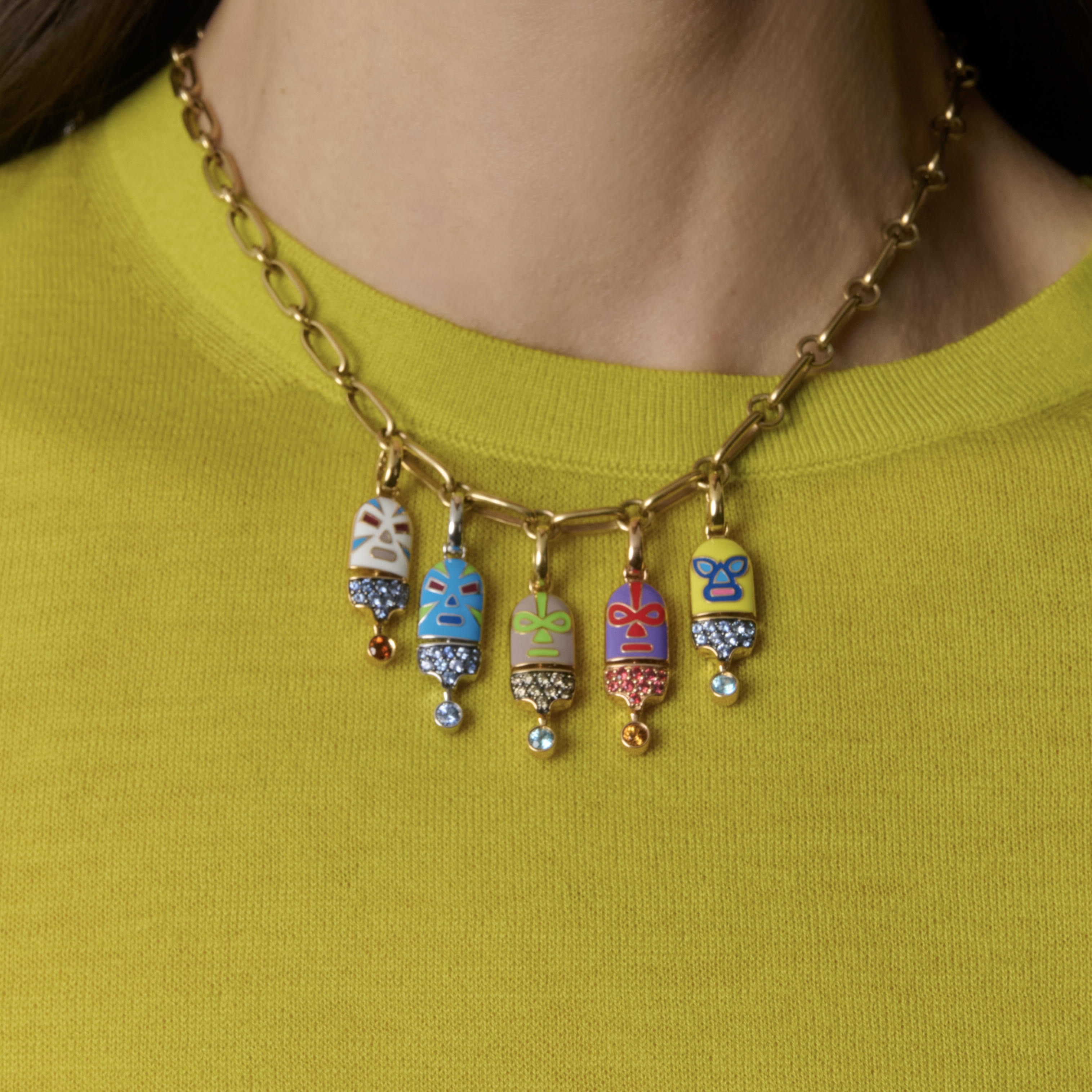 The Destroyer Sees Green Luchadores Pendant with Brown Diamonds in Yellow Gold