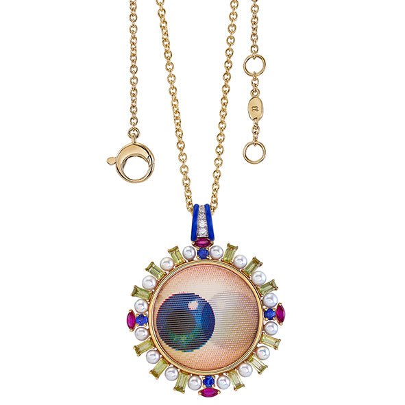 Vintage Lenticular Lovers Eye Necklace in Peridot and Mixed Gemstones Set in Yellow Gold - MUSE Shop